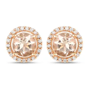 14K Rose Gold Morganite with Halo Diamond Stud Earrings