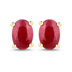 14K Yellow Gold Genuine Oval Shape Ruby Studs 0.96cts