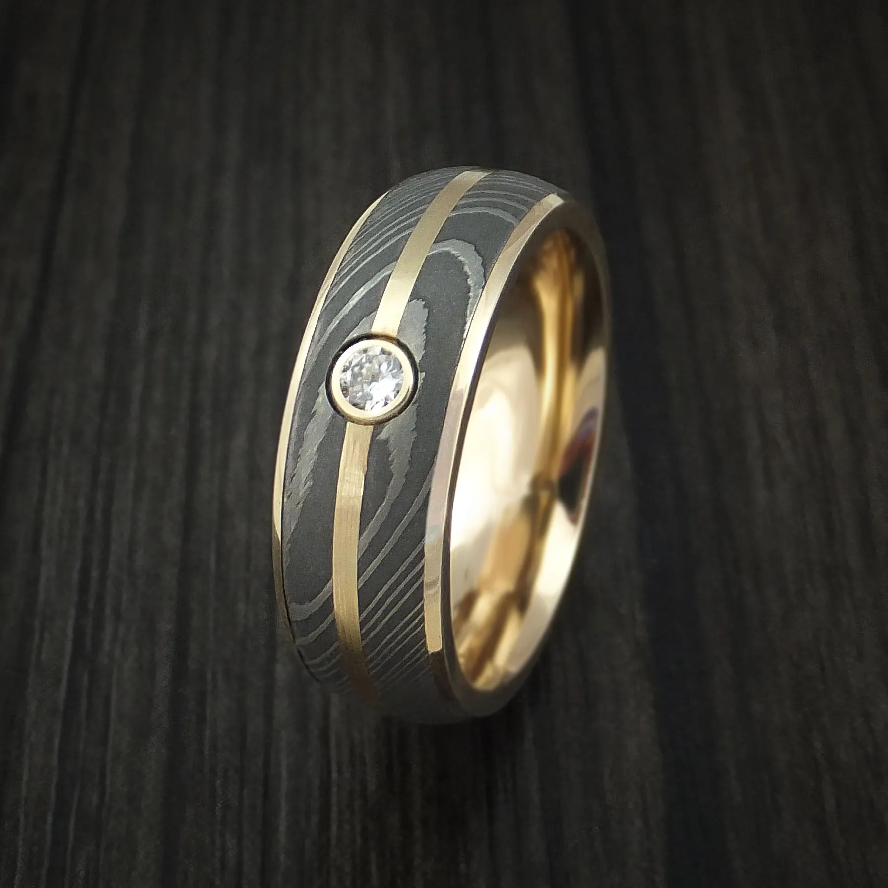 14K Yellow Gold Men's Ring with Damascus Steel and Diamond Custom Made Band