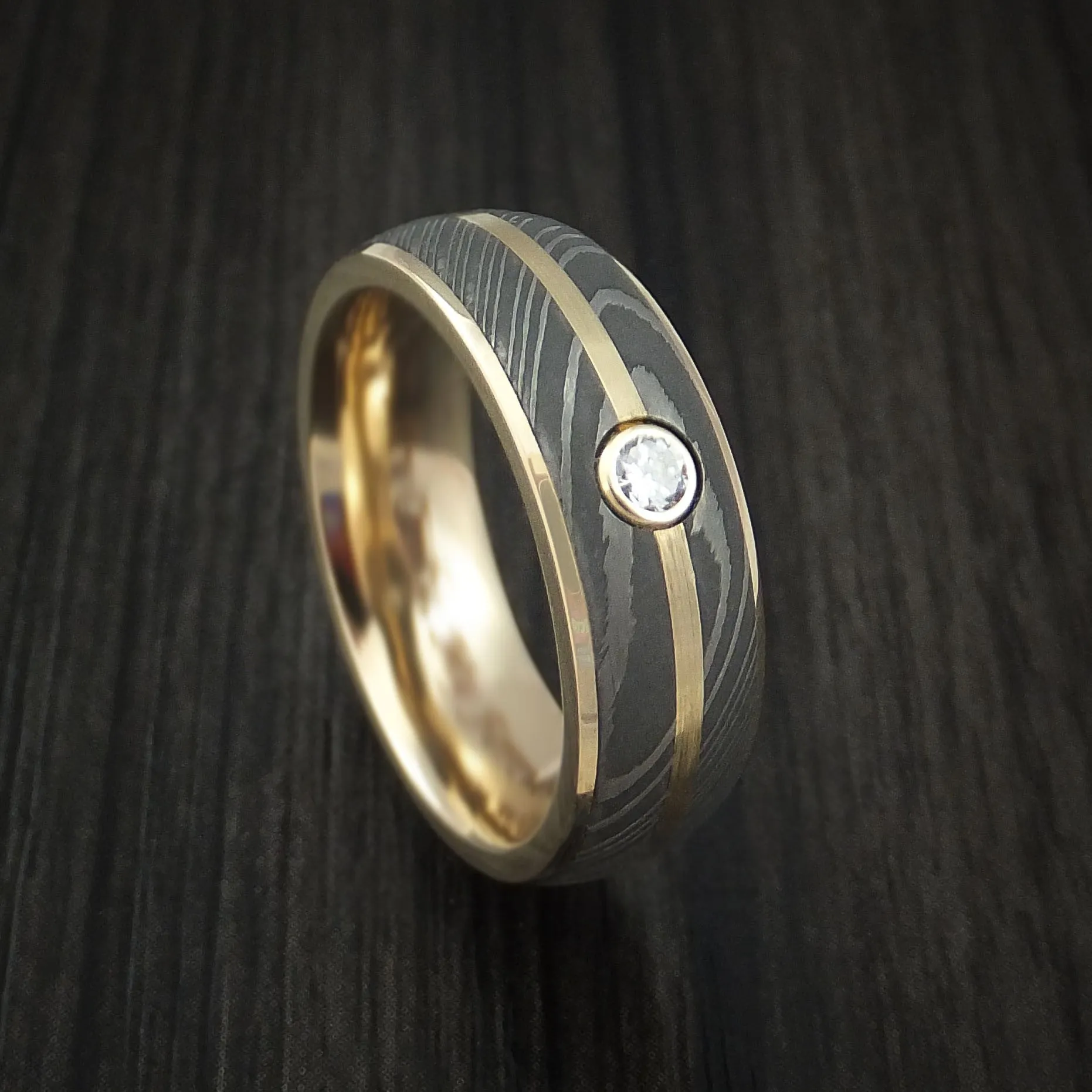 14K Yellow Gold Men's Ring with Damascus Steel and Diamond Custom Made Band