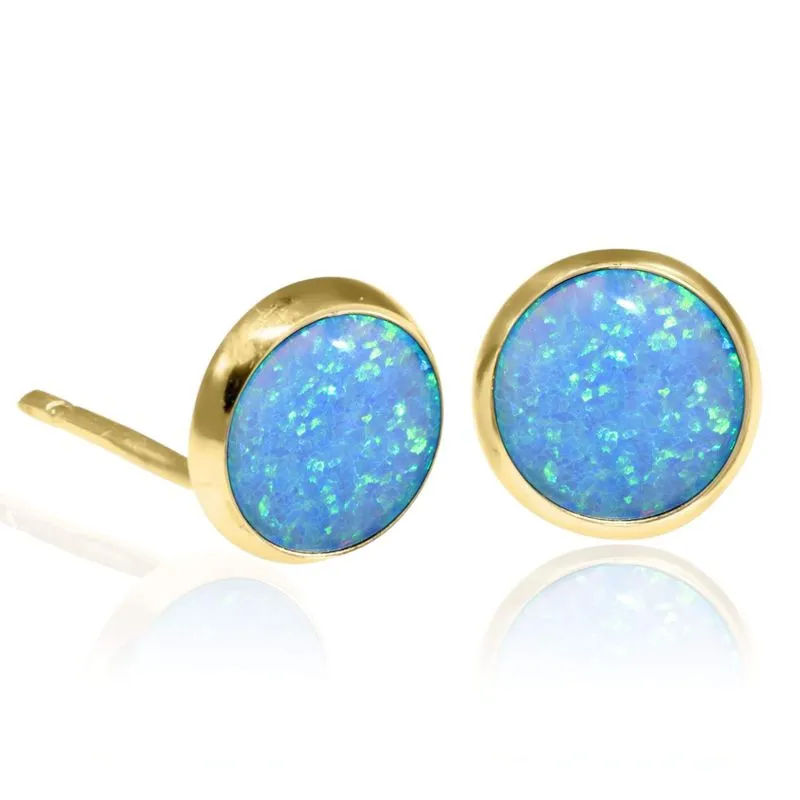 14K Yellow Gold Round Blue Opal 12mm Stud Earrings