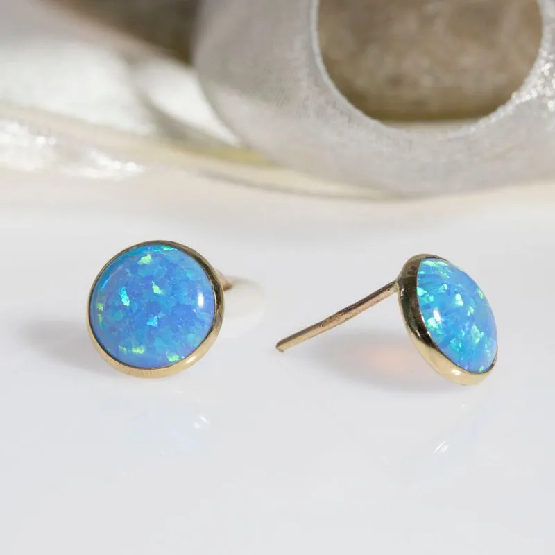 14K Yellow Gold Round Blue Opal 12mm Stud Earrings