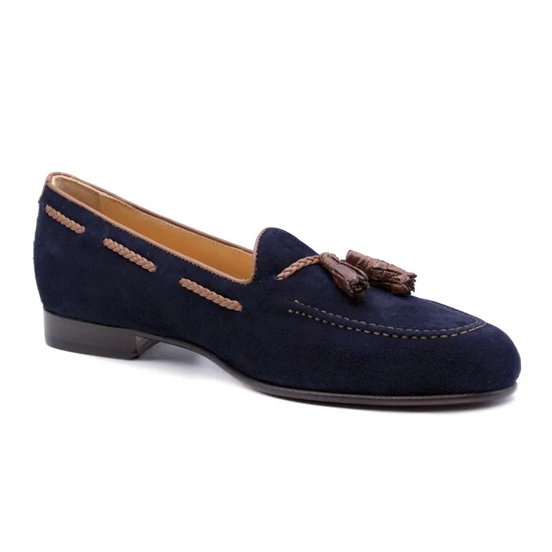 16-584-NVY NAPLES Italian Kid Suede with Embossed Crocodile Tassel Loafer, Navy