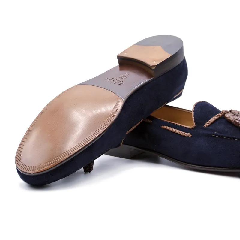 16-584-NVY NAPLES Italian Kid Suede with Embossed Crocodile Tassel Loafer, Navy