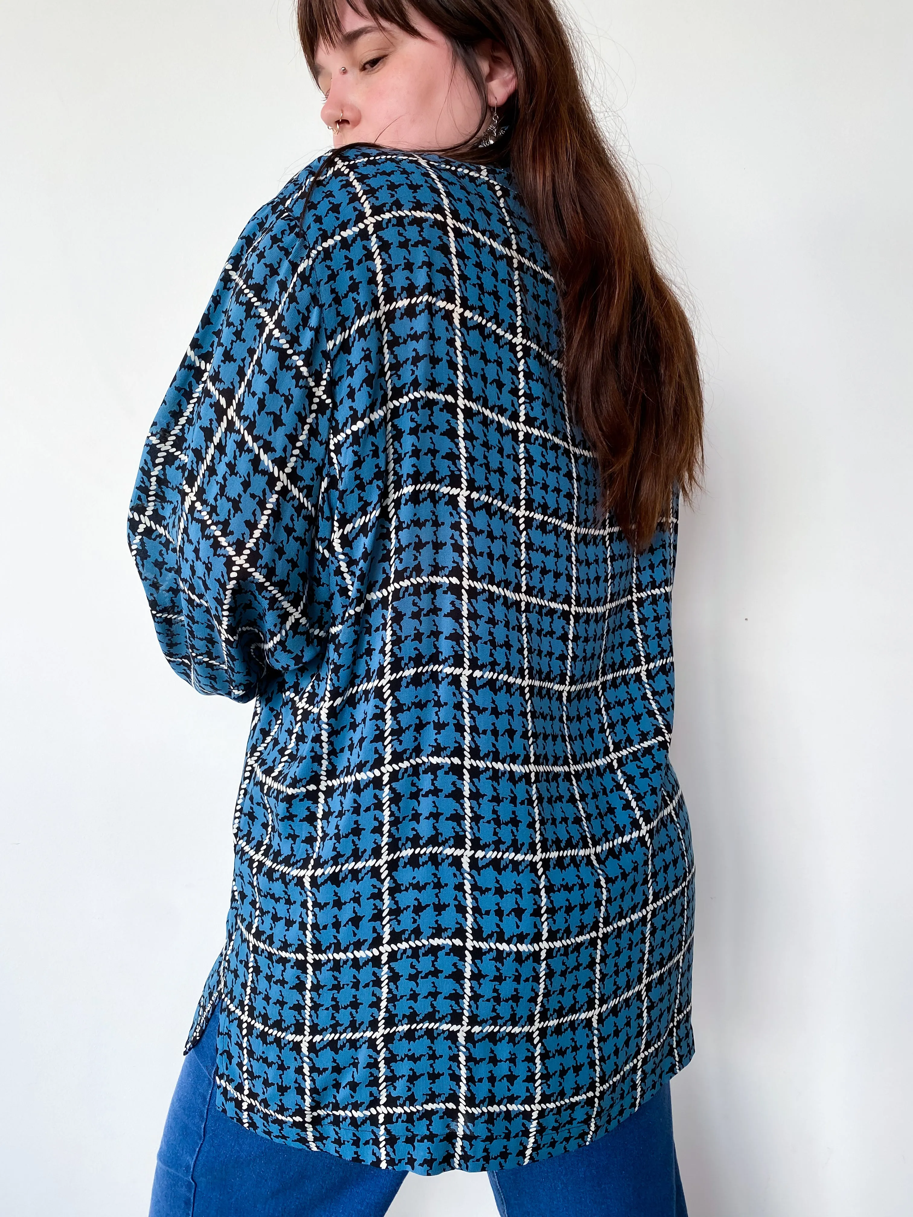 1990s Blue Houndstooth Blouse, sz. 3X