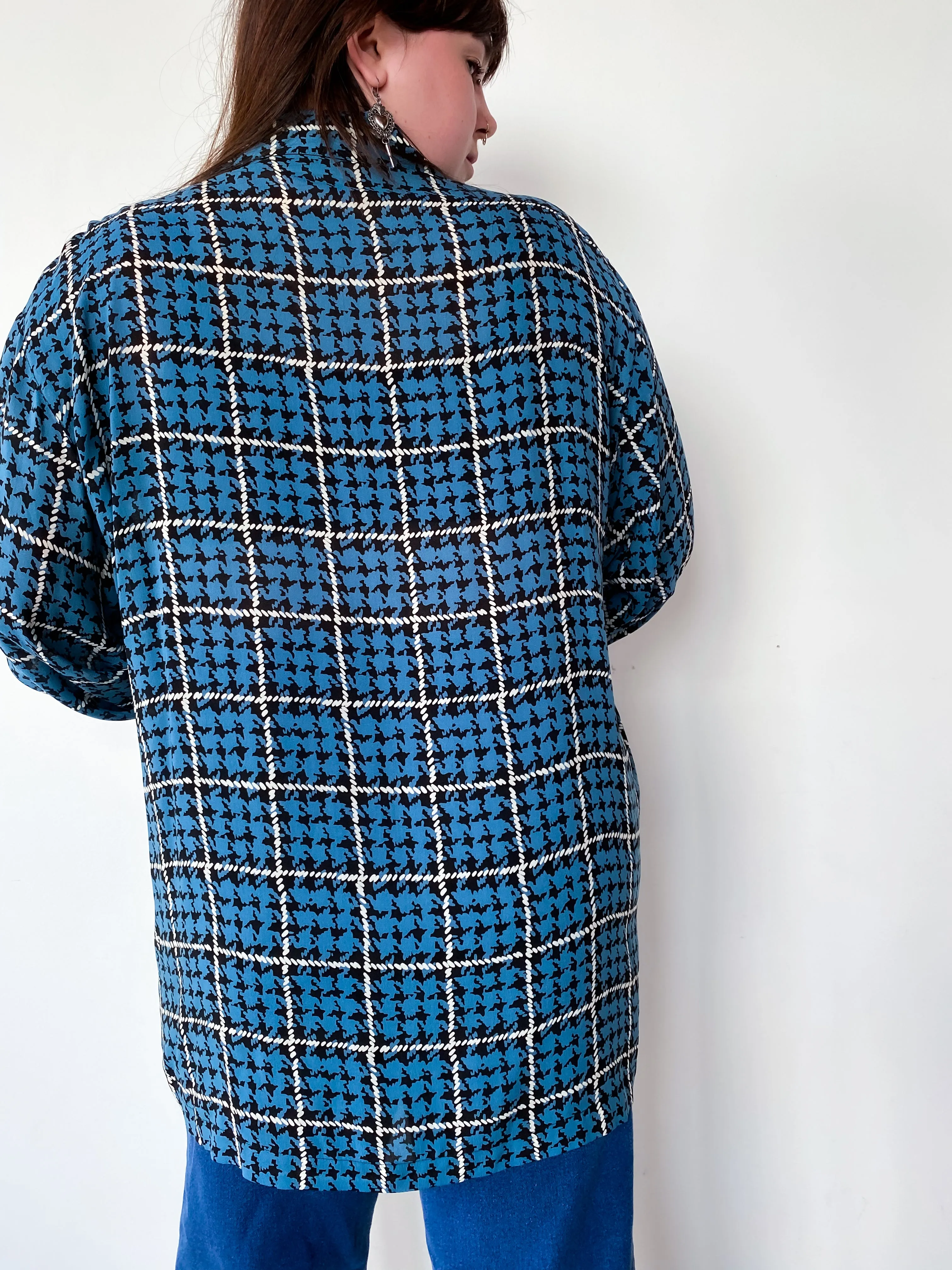 1990s Blue Houndstooth Blouse, sz. 3X