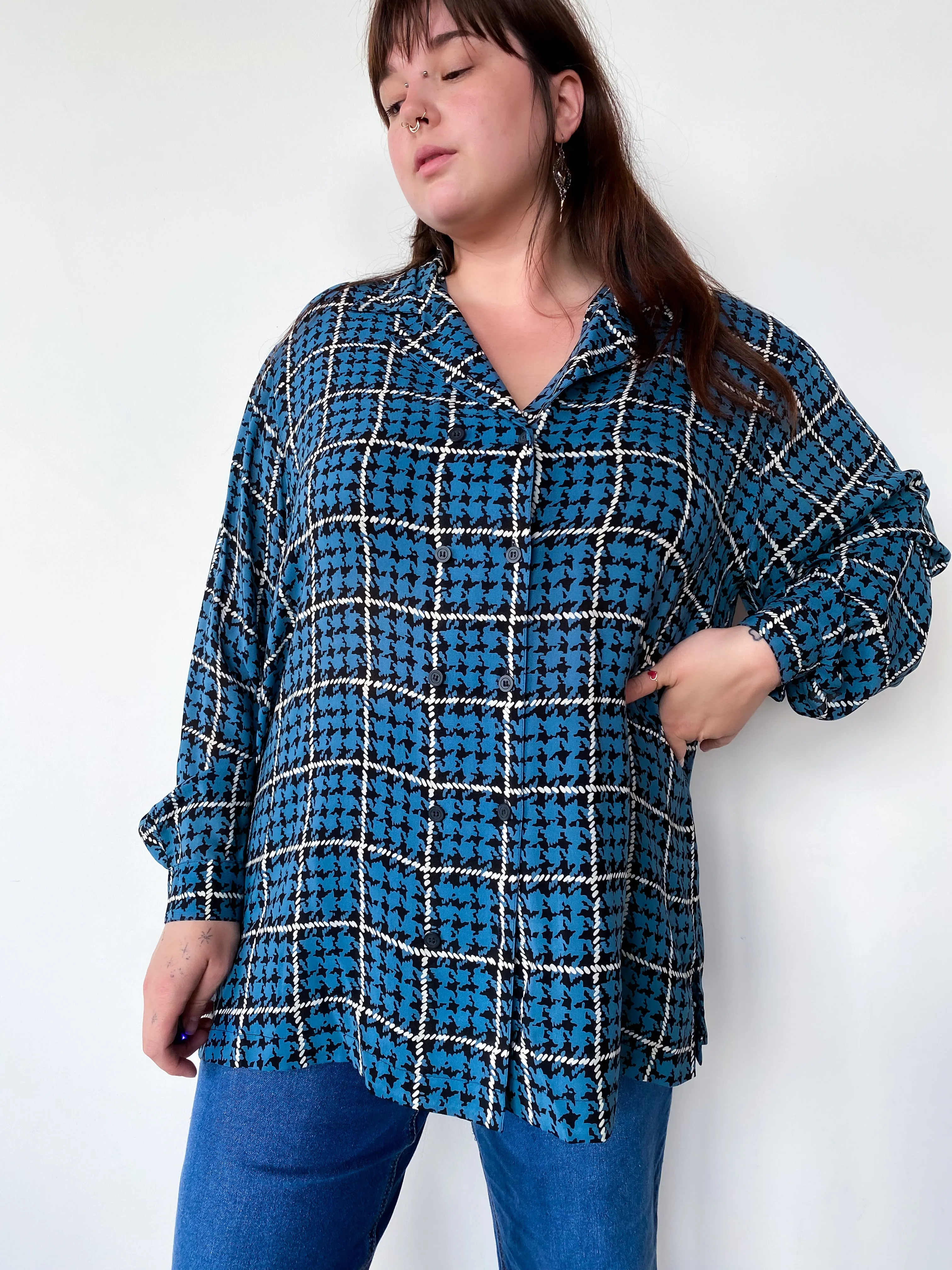 1990s Blue Houndstooth Blouse, sz. 3X