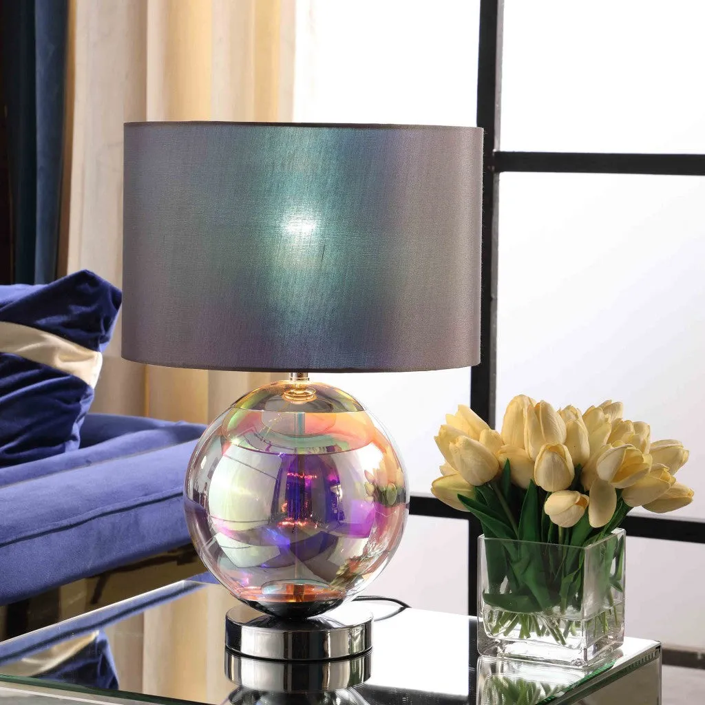 19" Iridescent Glass Globe Table Lamp With Gray Classic Drum Shade By Homeroots