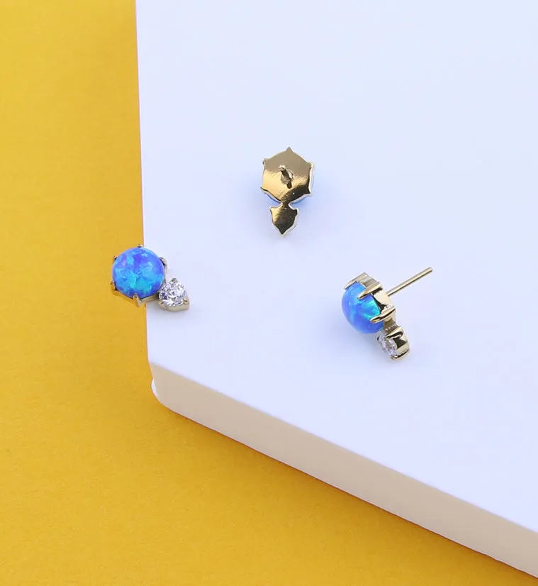 24kt Gold PVD Blue Opalite Drop Clear CZ Titanium Threadless Top