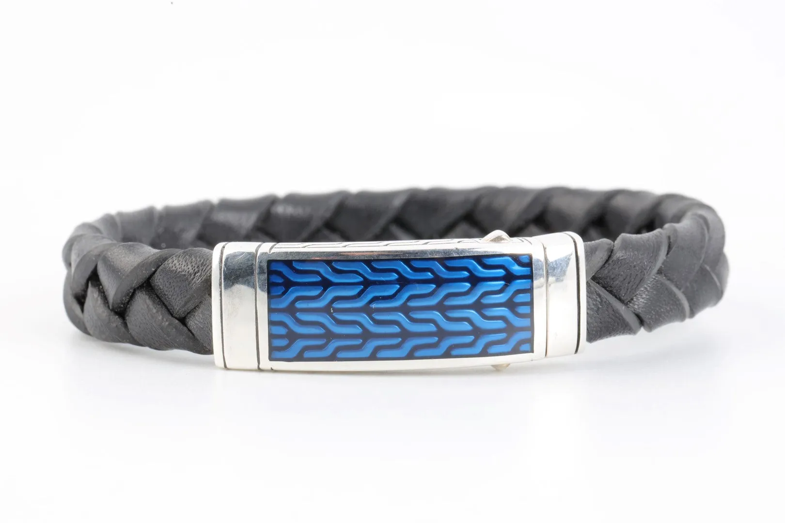 8" John Hardy 925 Silver Leather & Blue Enamel Station Bracelet (25.20g.)