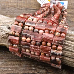 AA Double Drilled Natural Red Pink Rhodochrosite Rectangle Bracelet Gemstone Beads 8" Strand