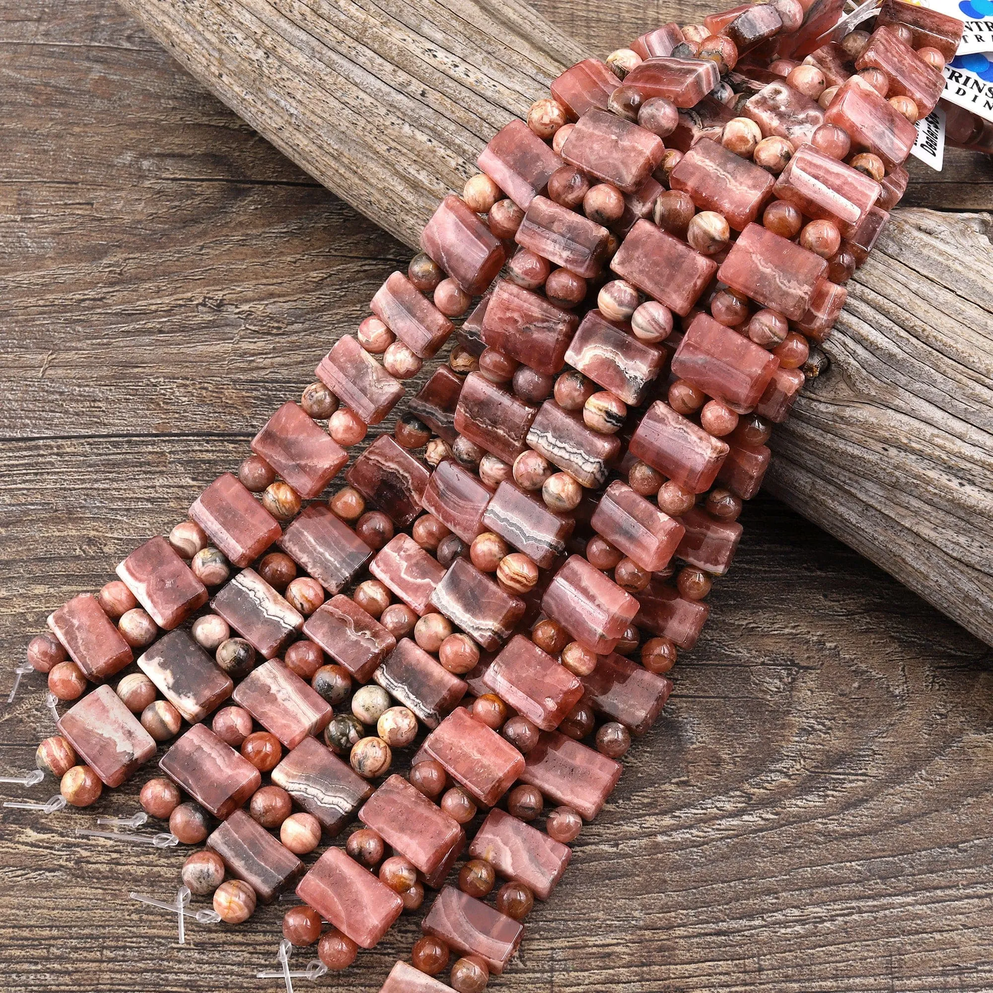 AA Double Drilled Natural Red Pink Rhodochrosite Rectangle Bracelet Gemstone Beads 8" Strand