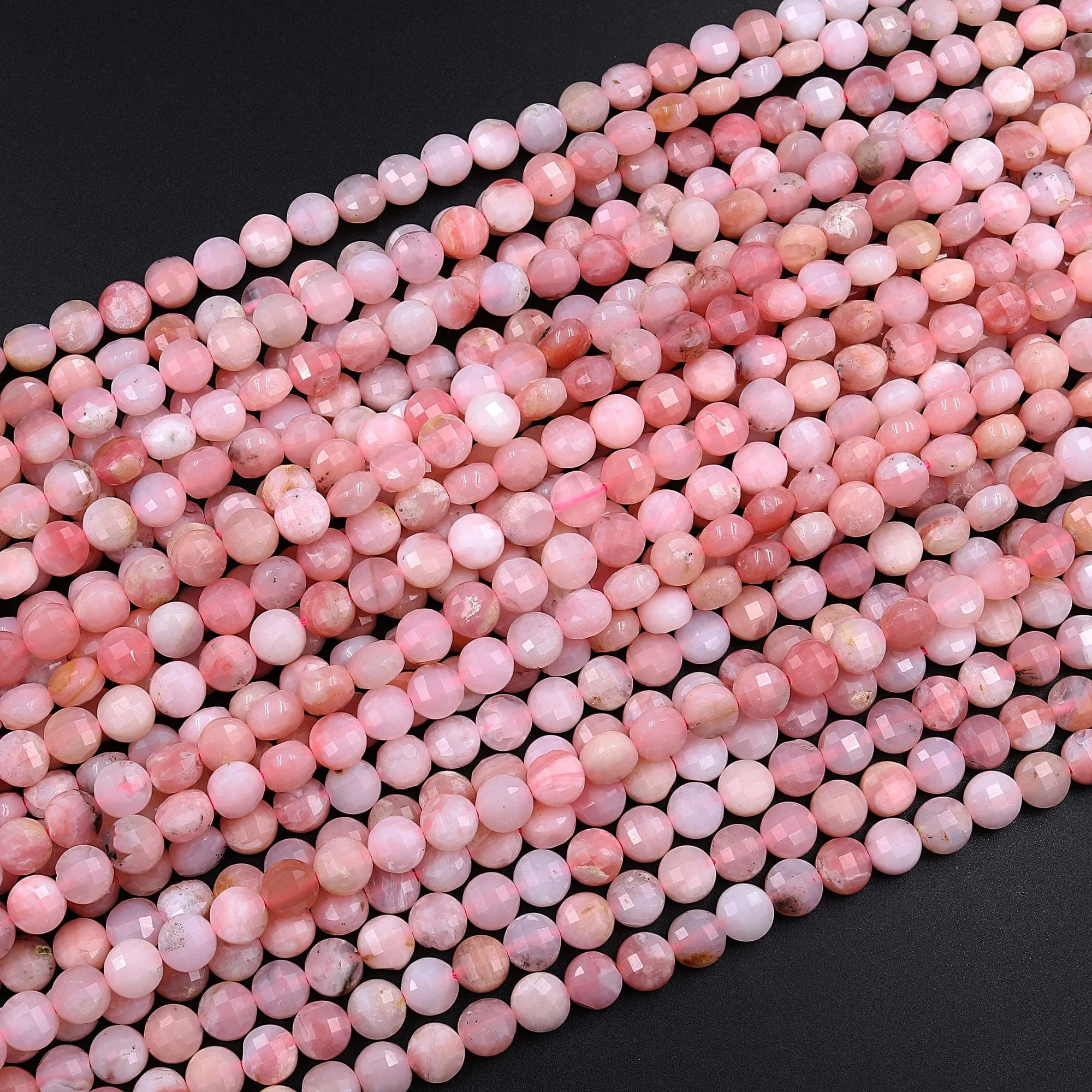 AA Faceted Peruvian Pink Opal 6mm 8mm Coin Beads Flat Disc Dazzling Facets Natural Gemstone 15.5" Strand