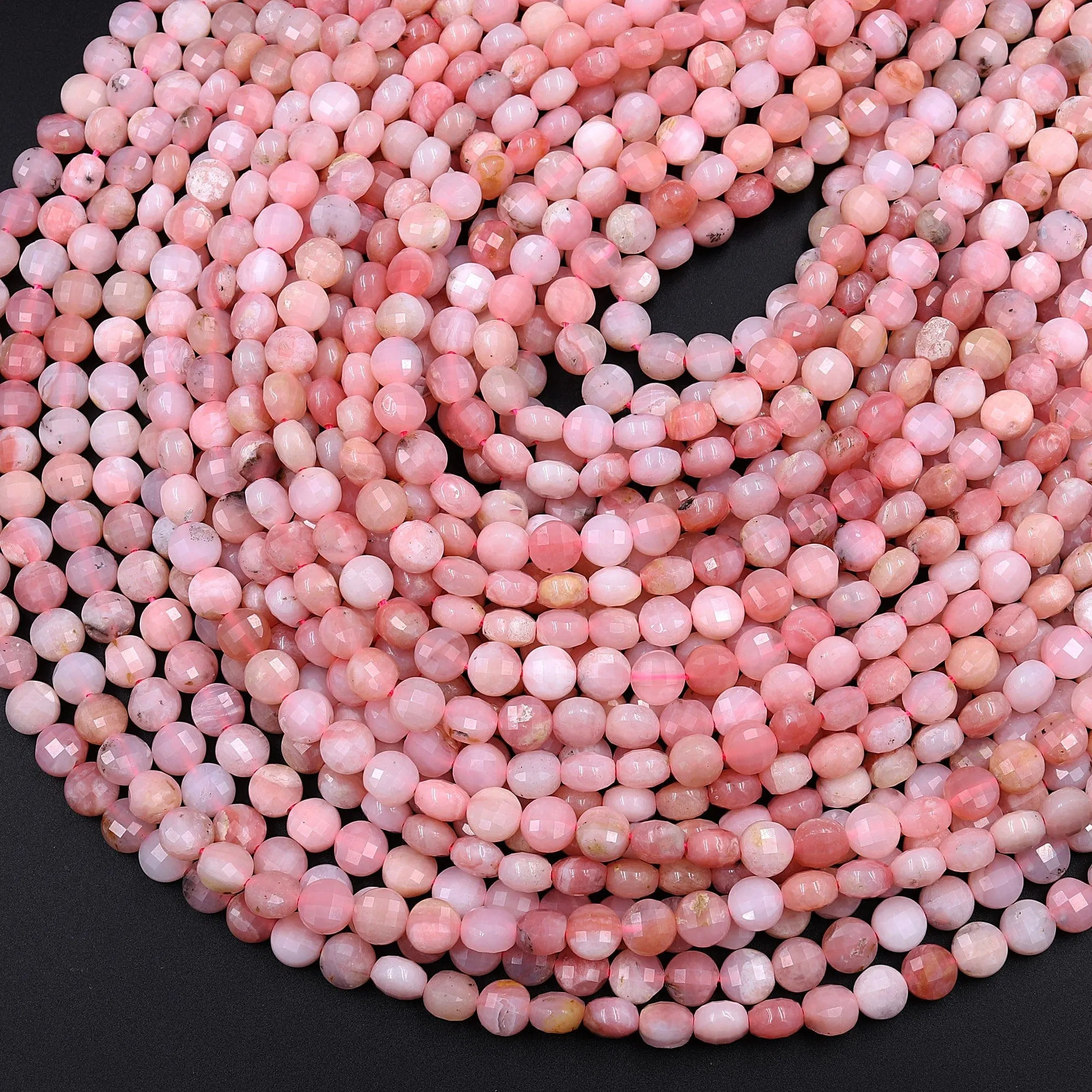 AA Faceted Peruvian Pink Opal 6mm 8mm Coin Beads Flat Disc Dazzling Facets Natural Gemstone 15.5" Strand