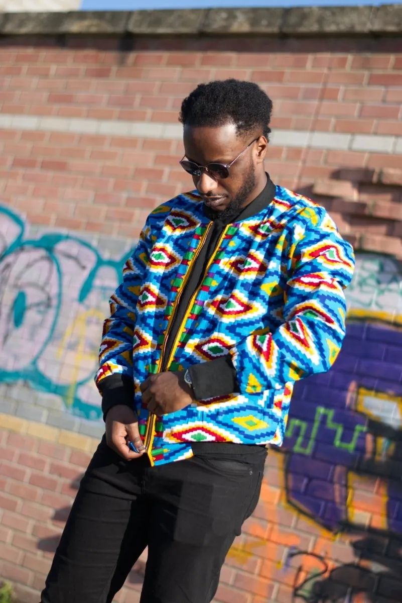 African Bomber Jacket In Blue Kente Print