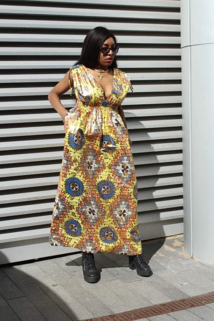 African Dress in Gold Ankara Print - Festival Dress