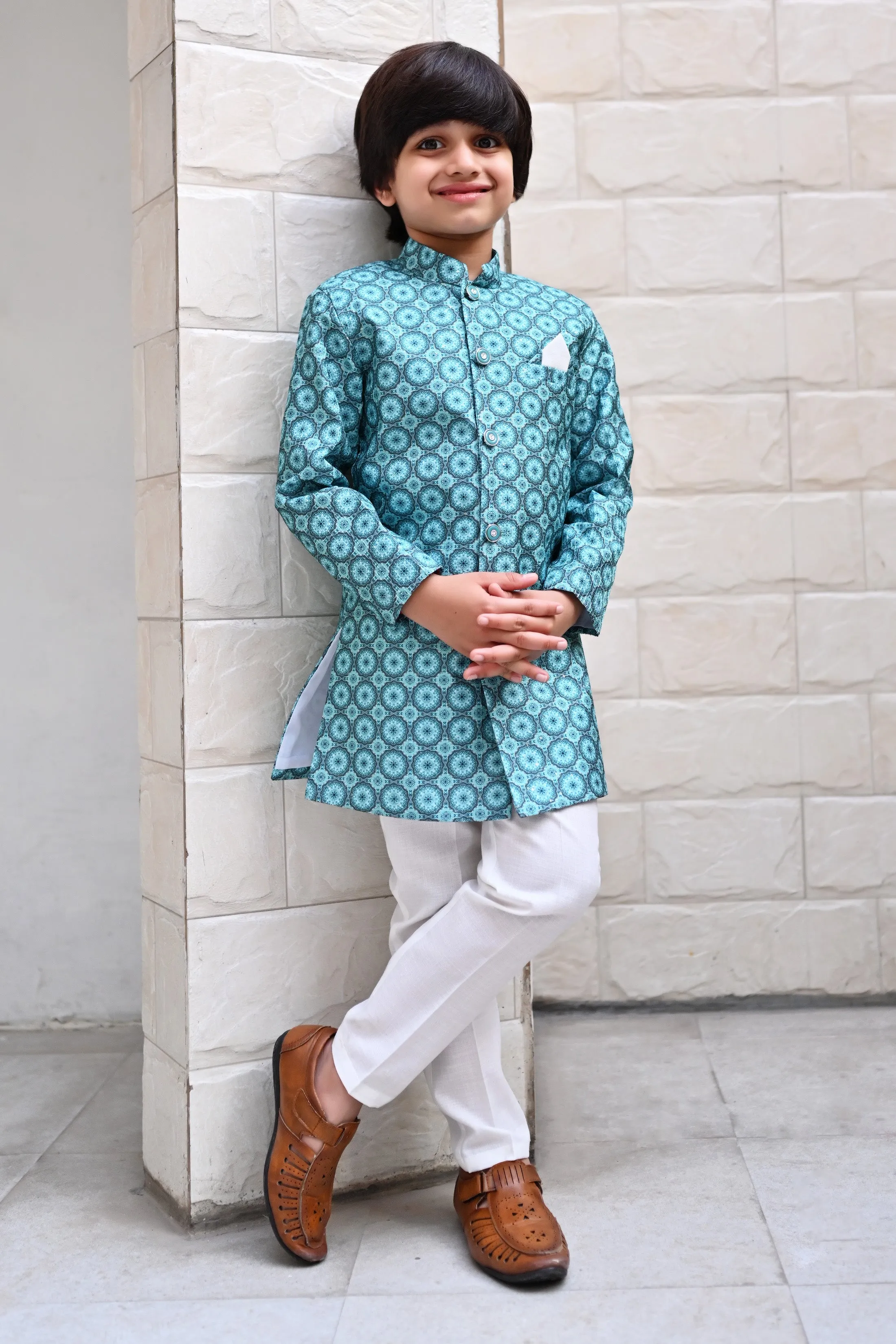 Ahhaaaa Kids Ethnic Silk Blend Indo-Western Sherwani Set For Boys 505