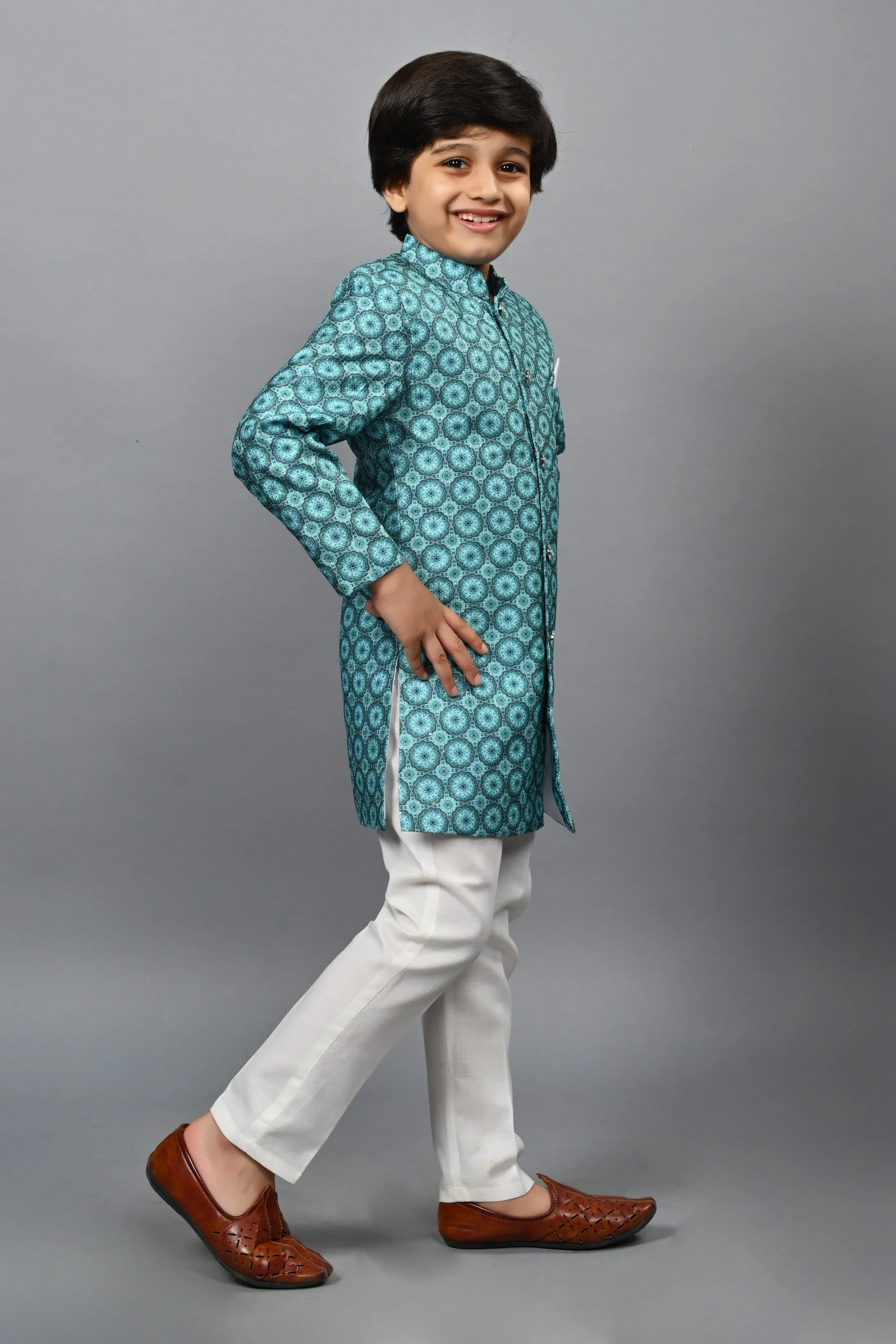 Ahhaaaa Kids Ethnic Silk Blend Indo-Western Sherwani Set For Boys 505