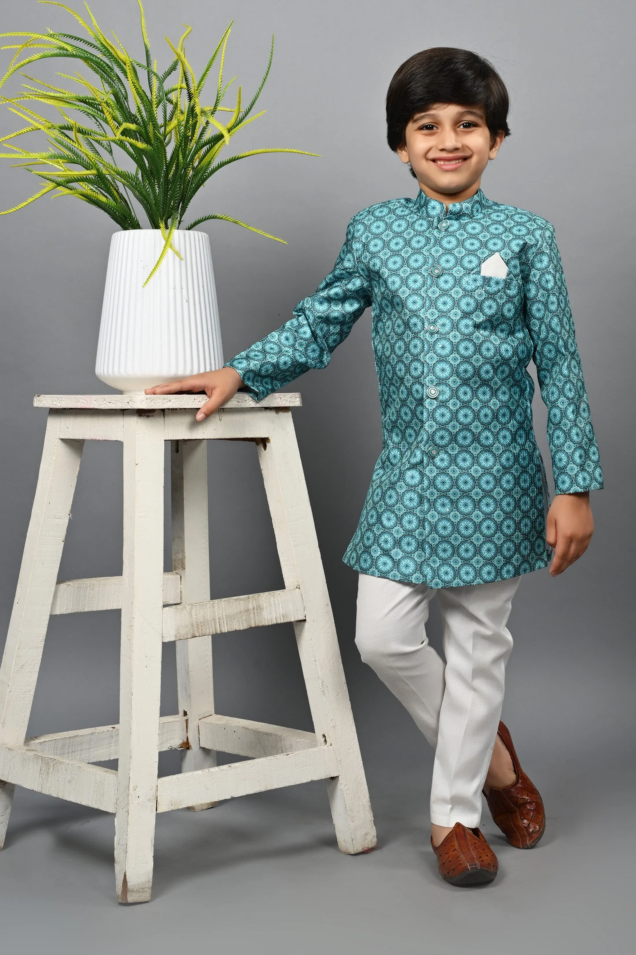 Ahhaaaa Kids Ethnic Silk Blend Indo-Western Sherwani Set For Boys 505