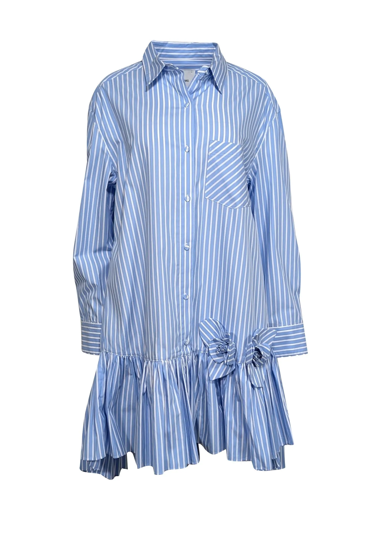 Aknvas - Blue & White Striped Cotton Shirtdress w/ 3D Floral Appliqué Sz XL