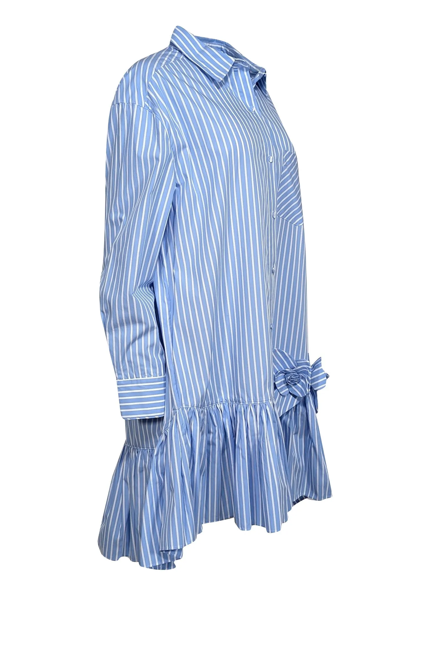 Aknvas - Blue & White Striped Cotton Shirtdress w/ 3D Floral Appliqué Sz XL