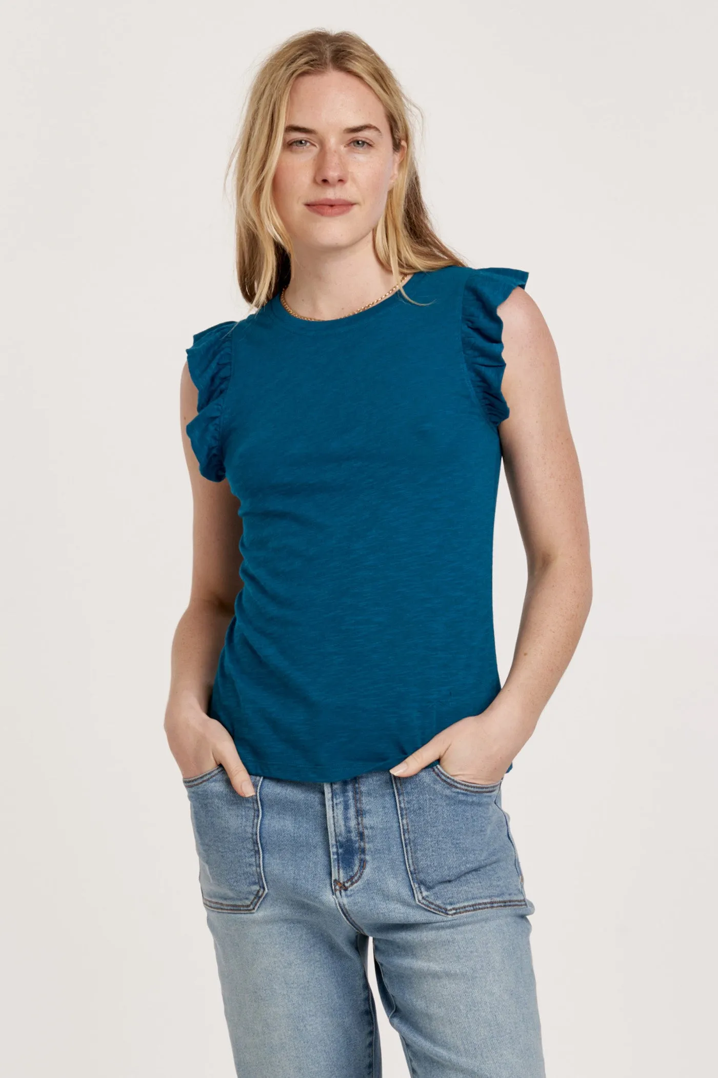 AL North Ruffle Sleeve Classic Top-Teal