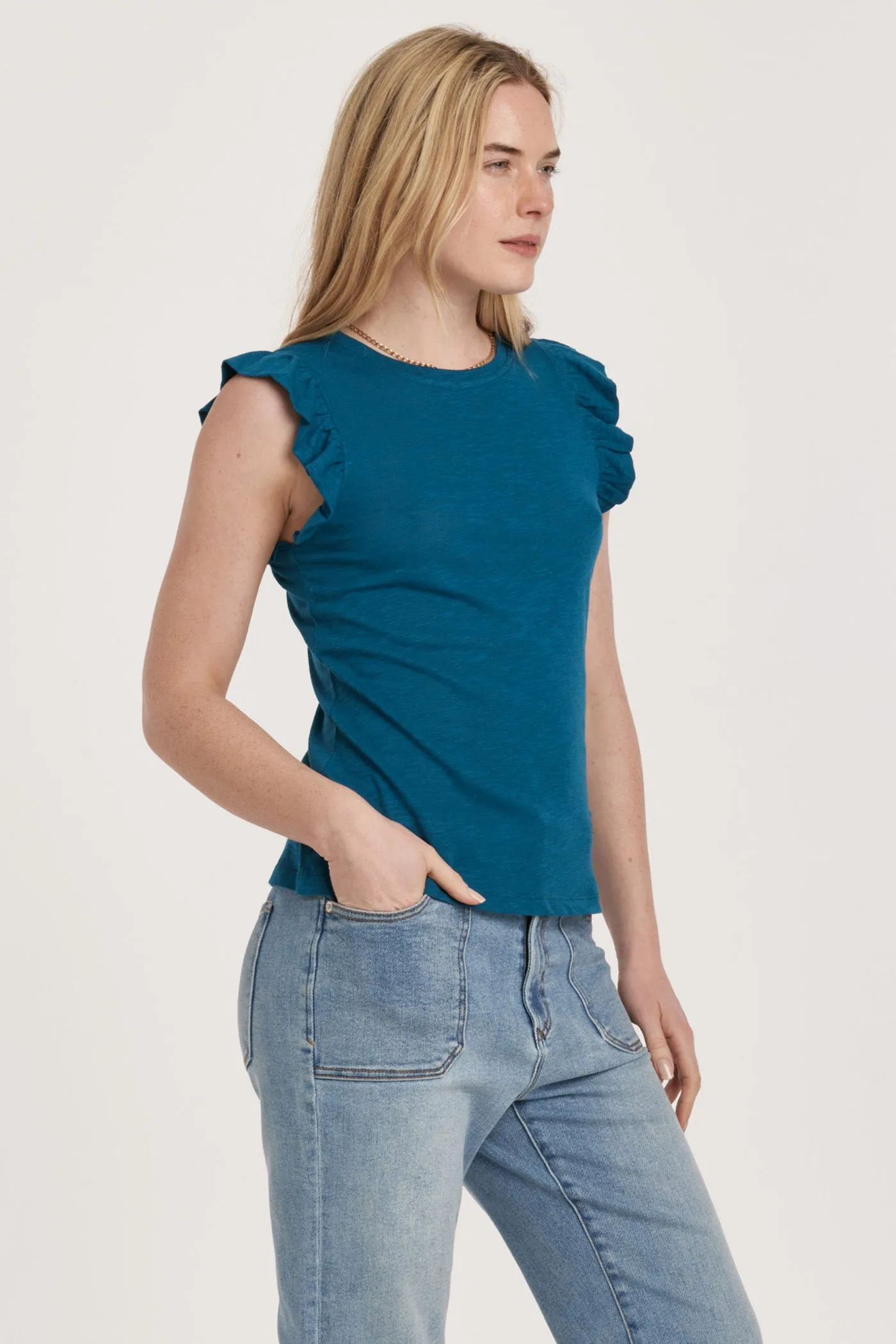 AL North Ruffle Sleeve Classic Top-Teal