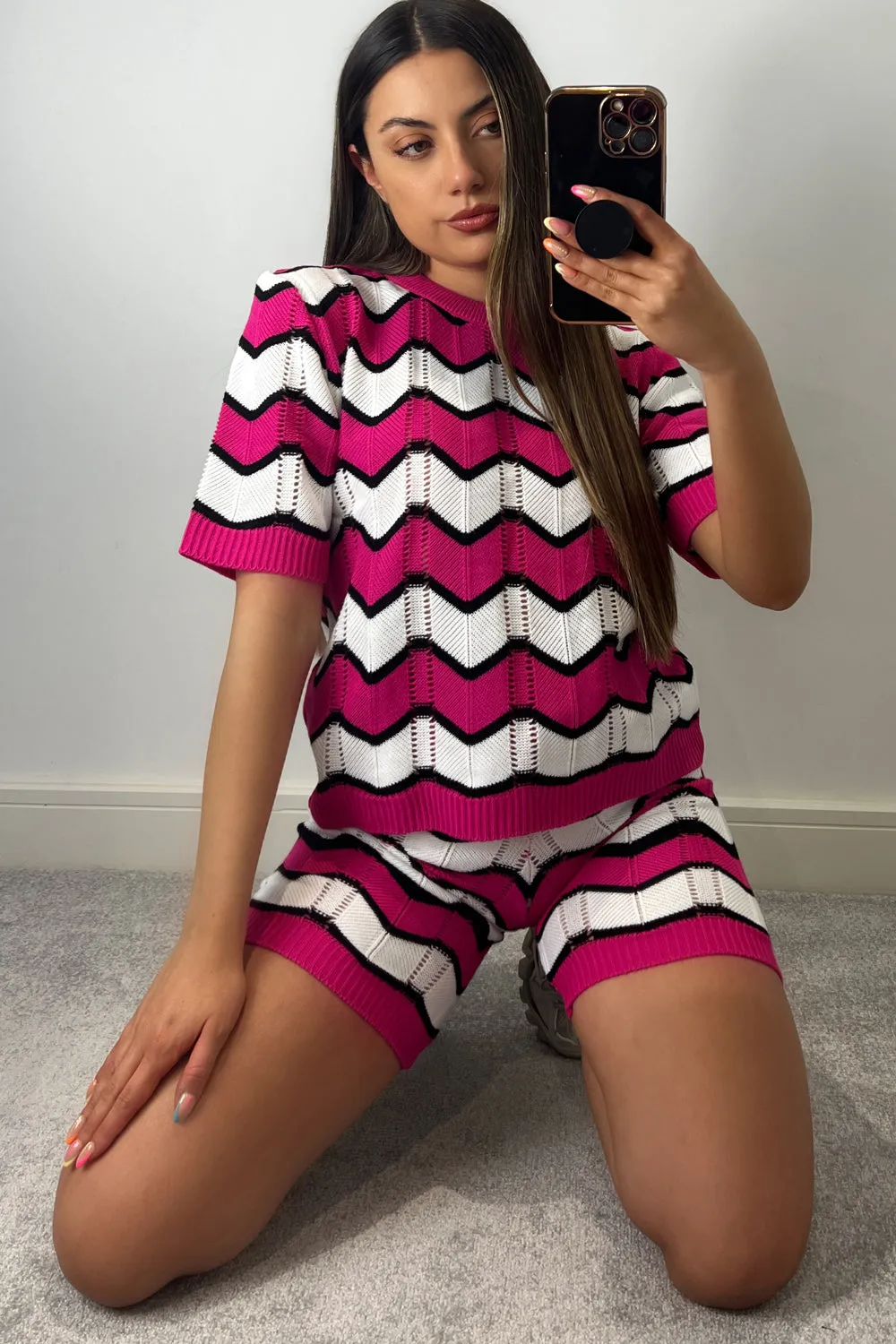 Alice Pink Zig Zag Knit Top and Shorts Co-Ord Set