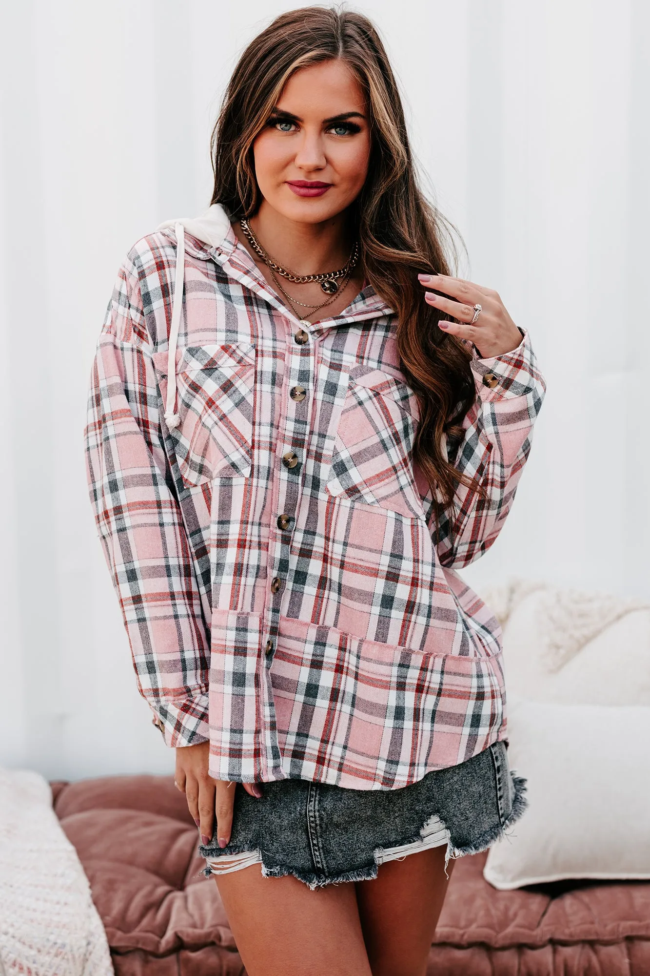 Already Involved Oversized Hooded Plaid Top (Pink)