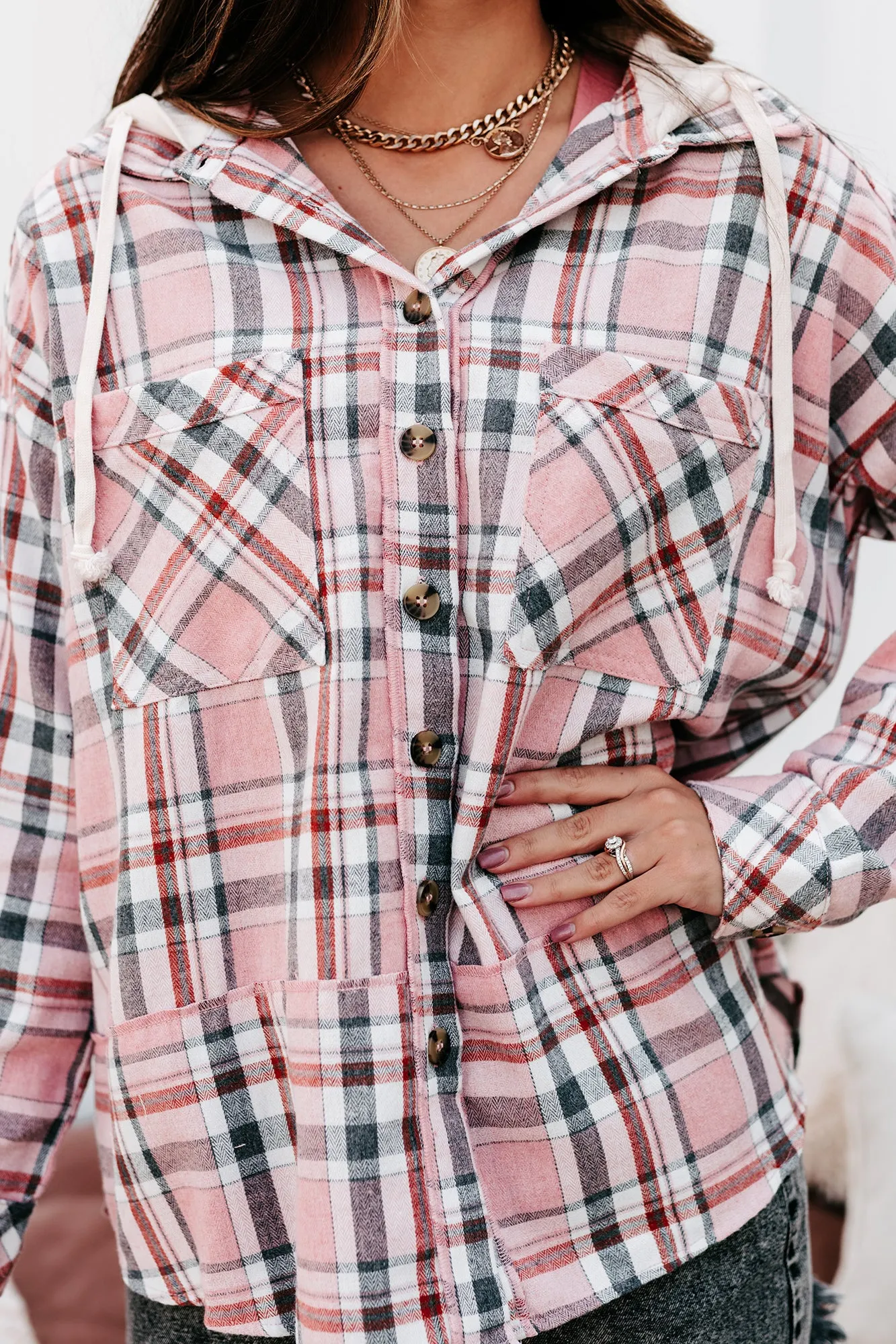 Already Involved Oversized Hooded Plaid Top (Pink)