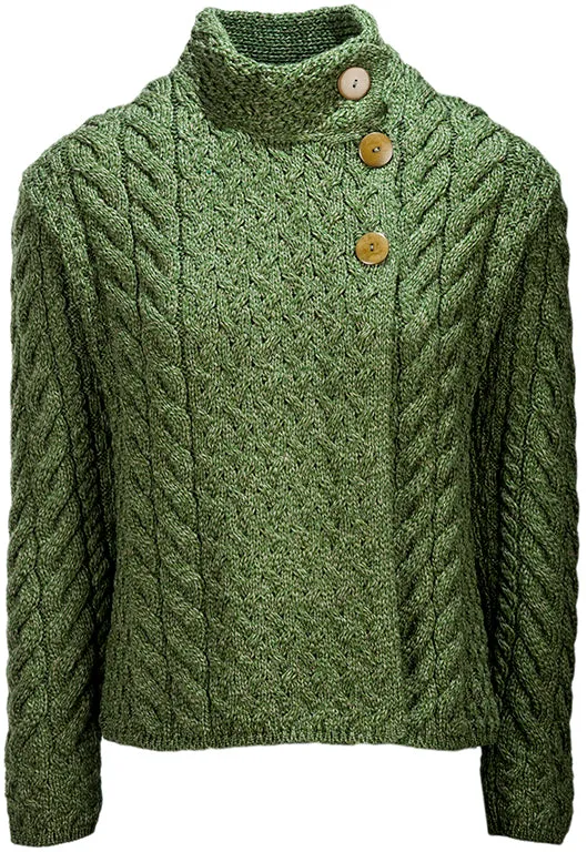 Aran- Asymmetrical Cardigan with Buttons - Green