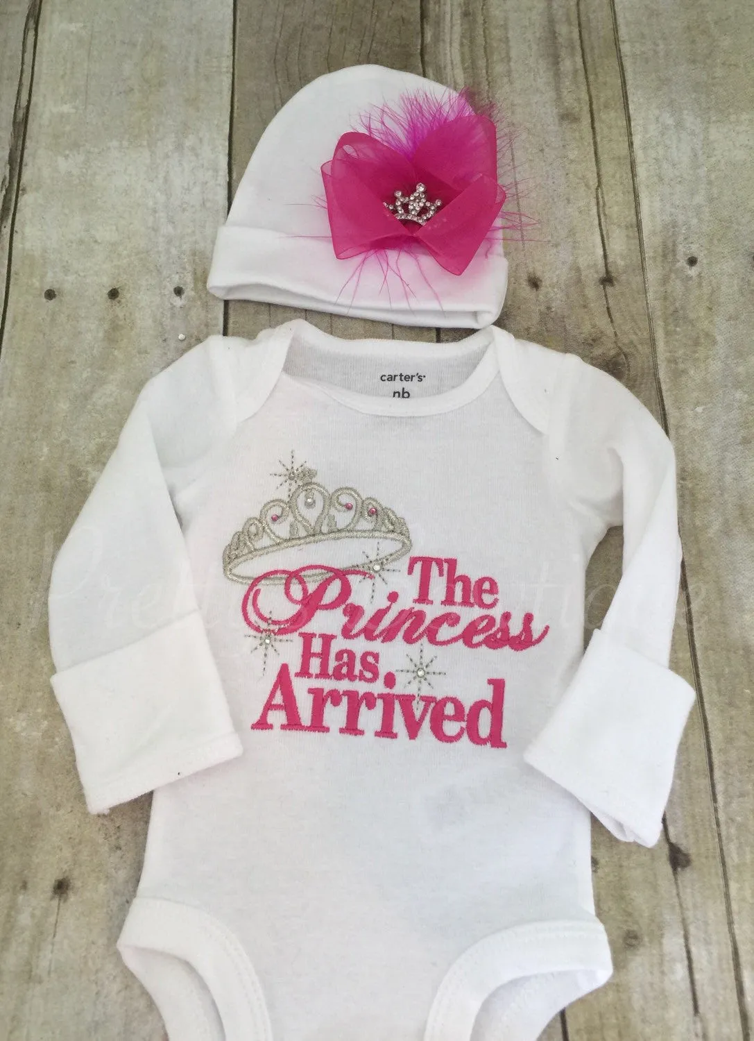 Baby Girl Coming Home Outfit -- The Princess Has Arrived Embroidery Design Bodysuit & Hat Set