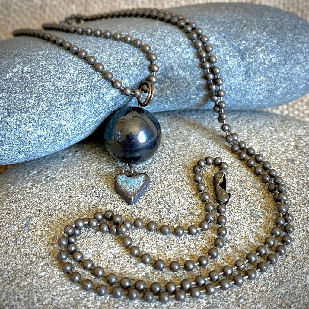 Ball & Chain Necklace, Shungite Bead, Antiqued Brass, Heart Charm