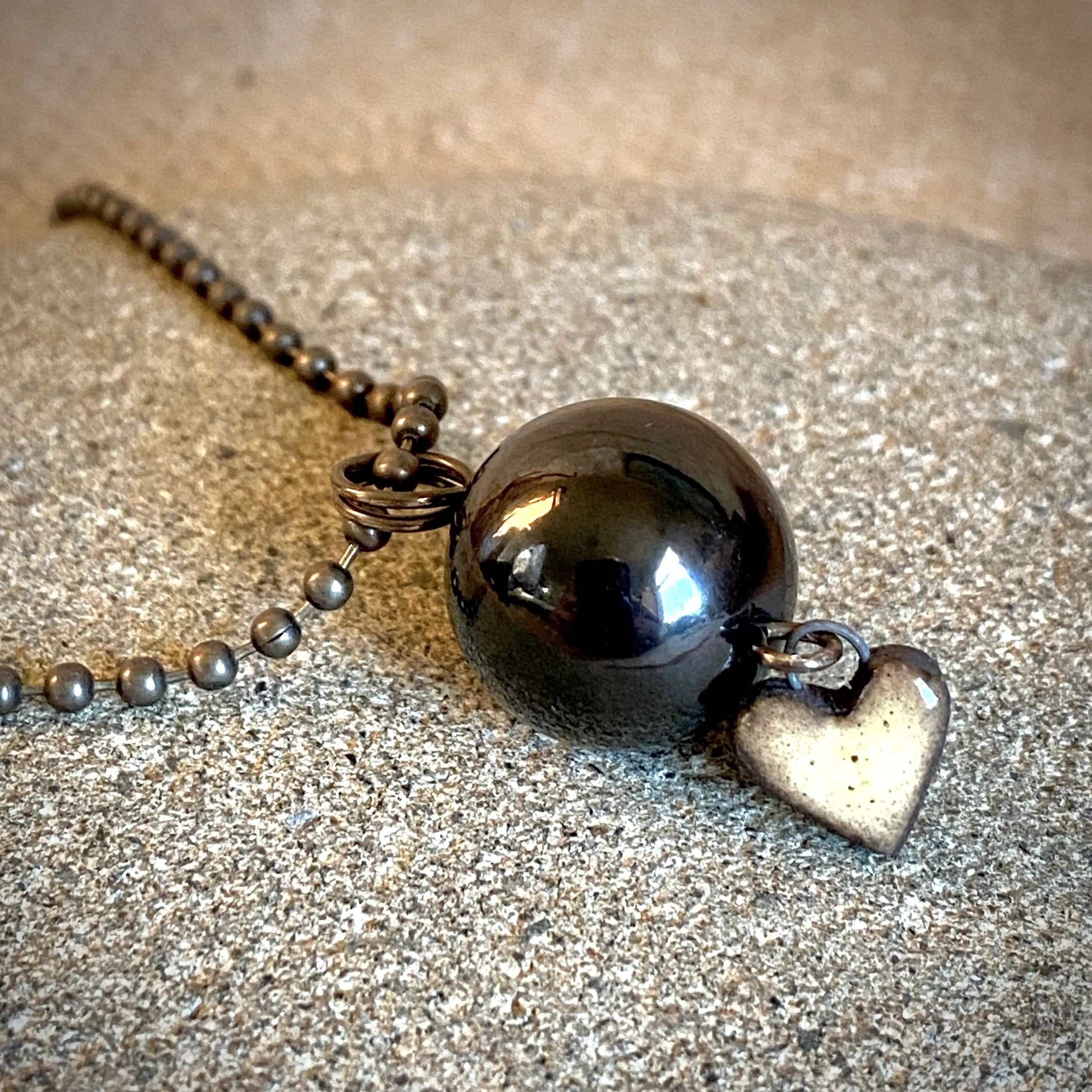 Ball & Chain Necklace, Shungite Bead, Antiqued Brass, Heart Charm