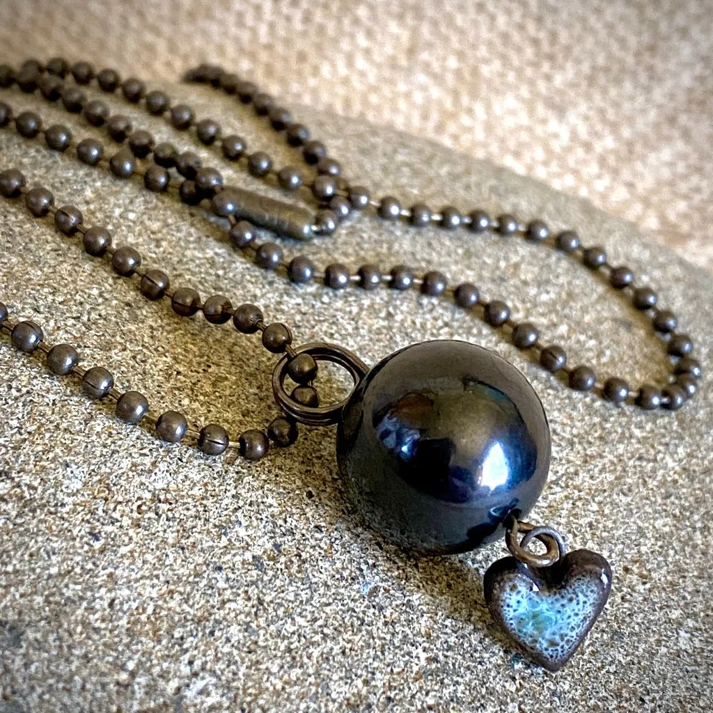 Ball & Chain Necklace, Shungite Bead, Antiqued Brass, Heart Charm