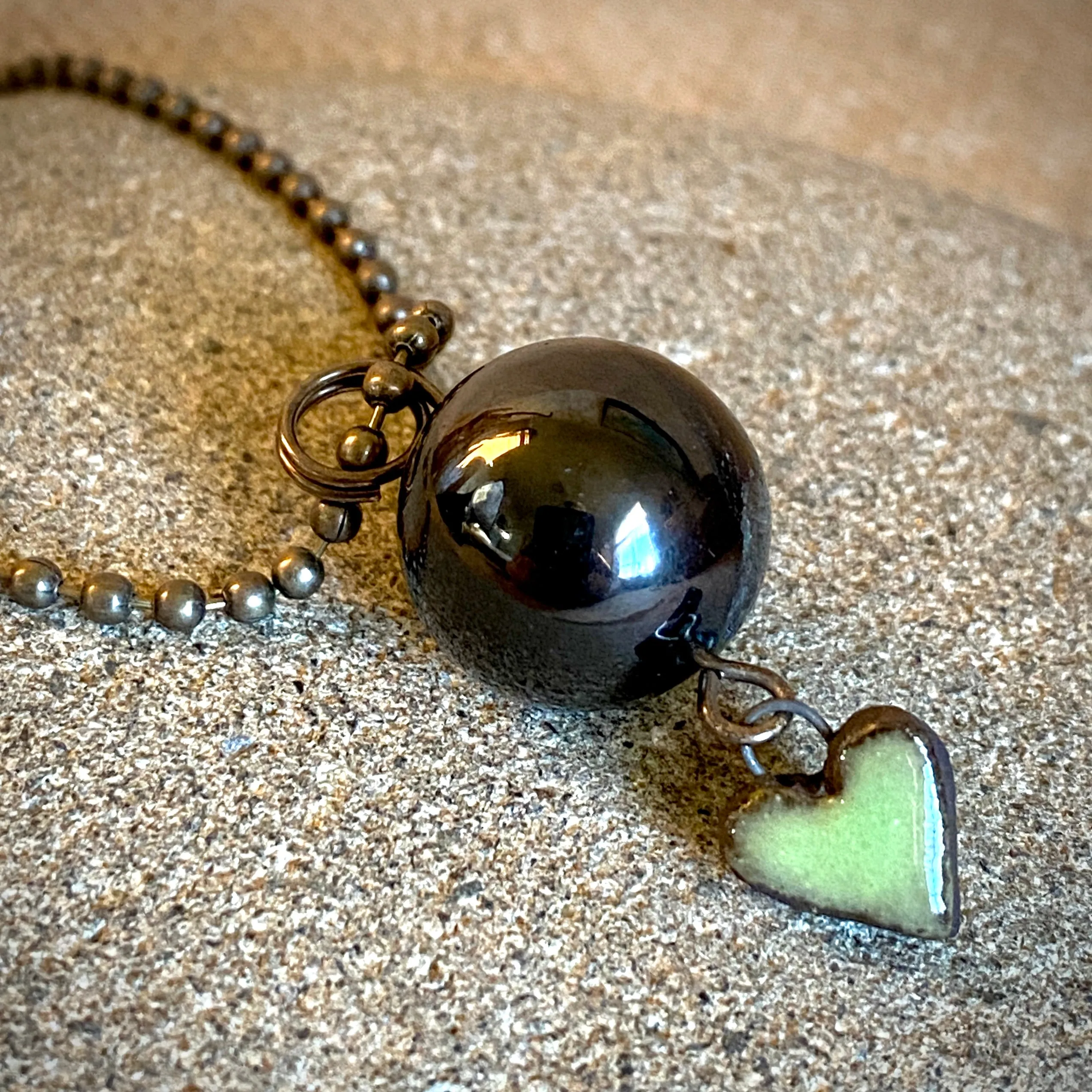 Ball & Chain Necklace, Shungite Bead, Antiqued Brass, Heart Charm