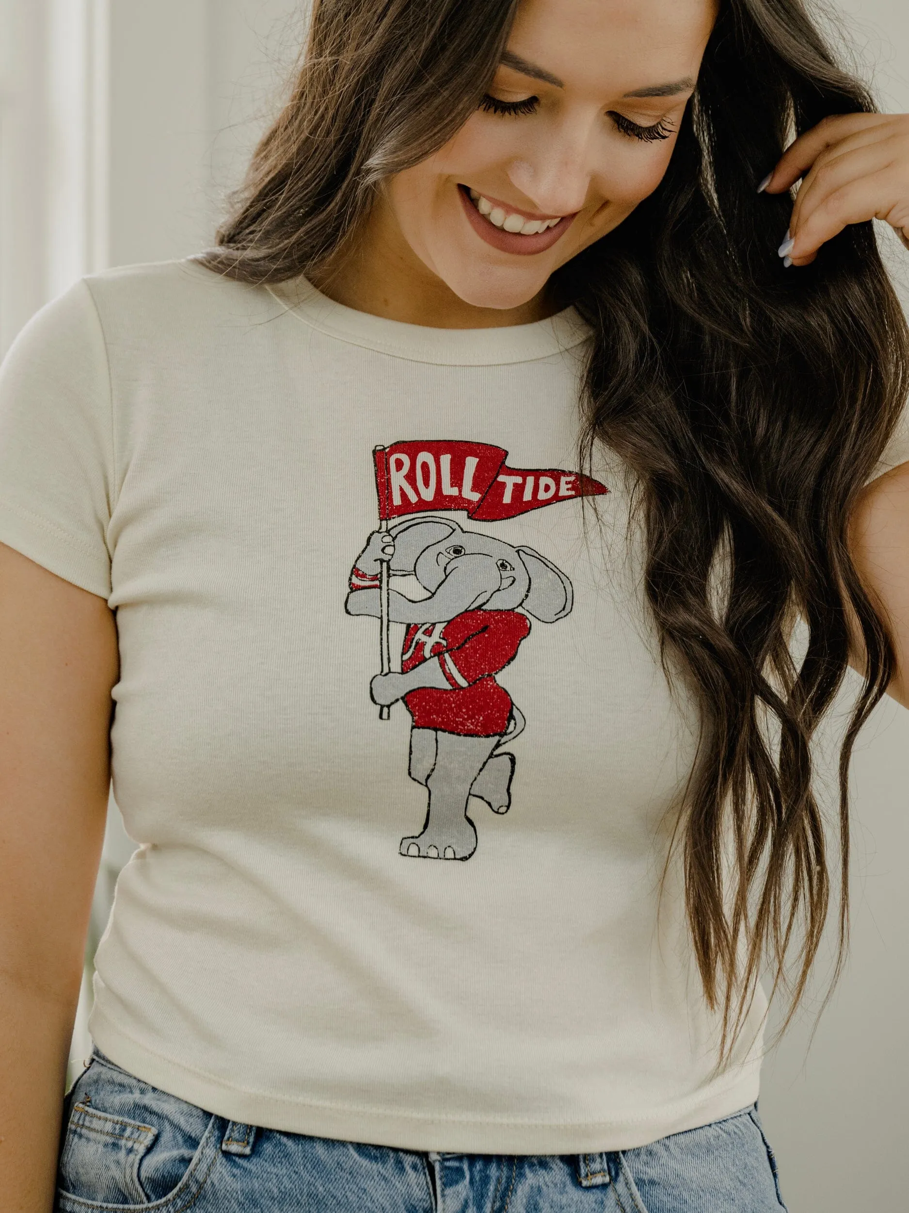 Bama Mascot Flag Off White Micro Cropped Tee