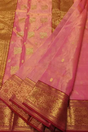 Beautiful Pink Handloom Chanderi Tissue Katan Silk Saree