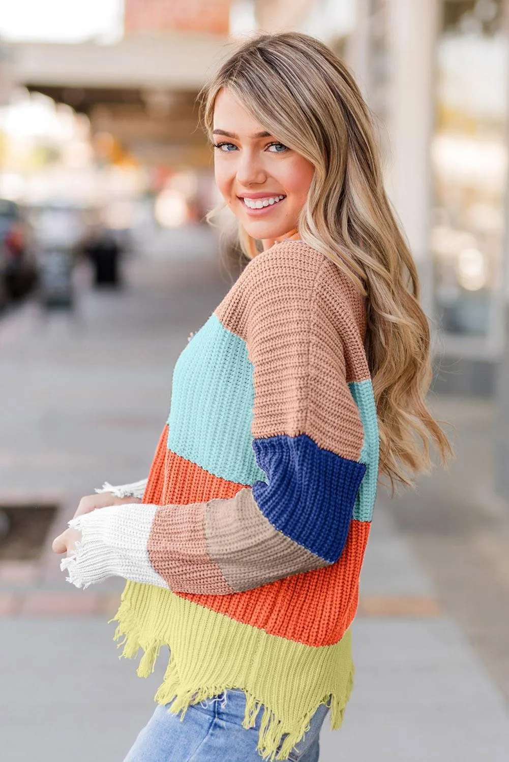 Beige Colorblock Stripes Distressed Sweater