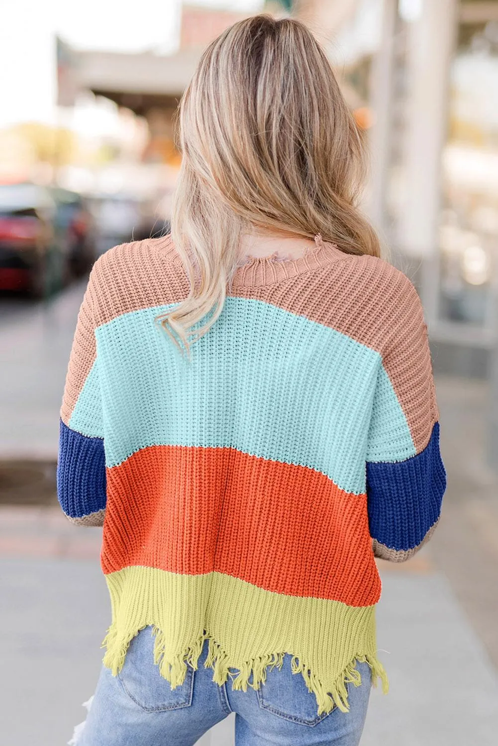 Beige Colorblock Stripes Distressed Sweater