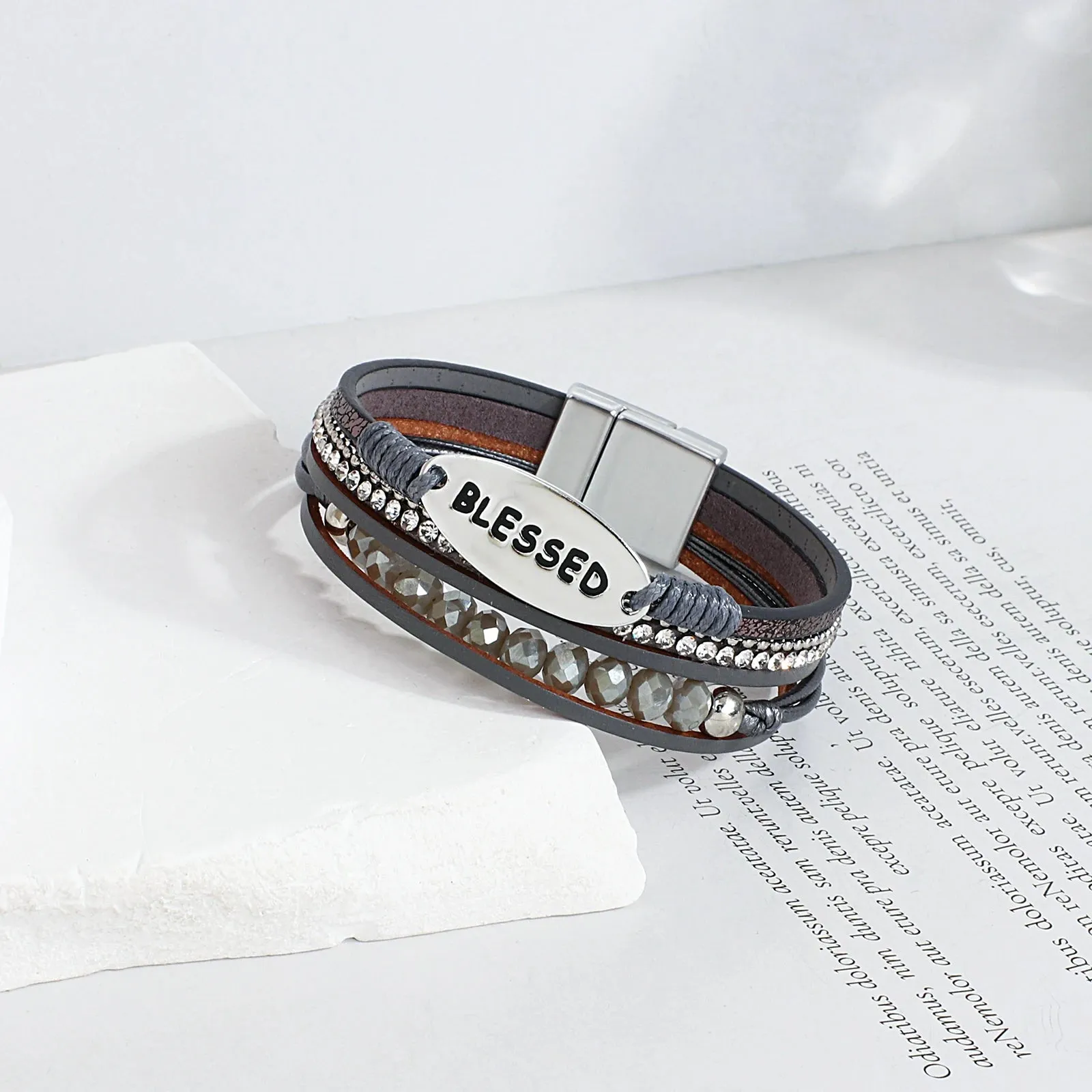 'Blessed' Charm Cuff Bracelet - grey