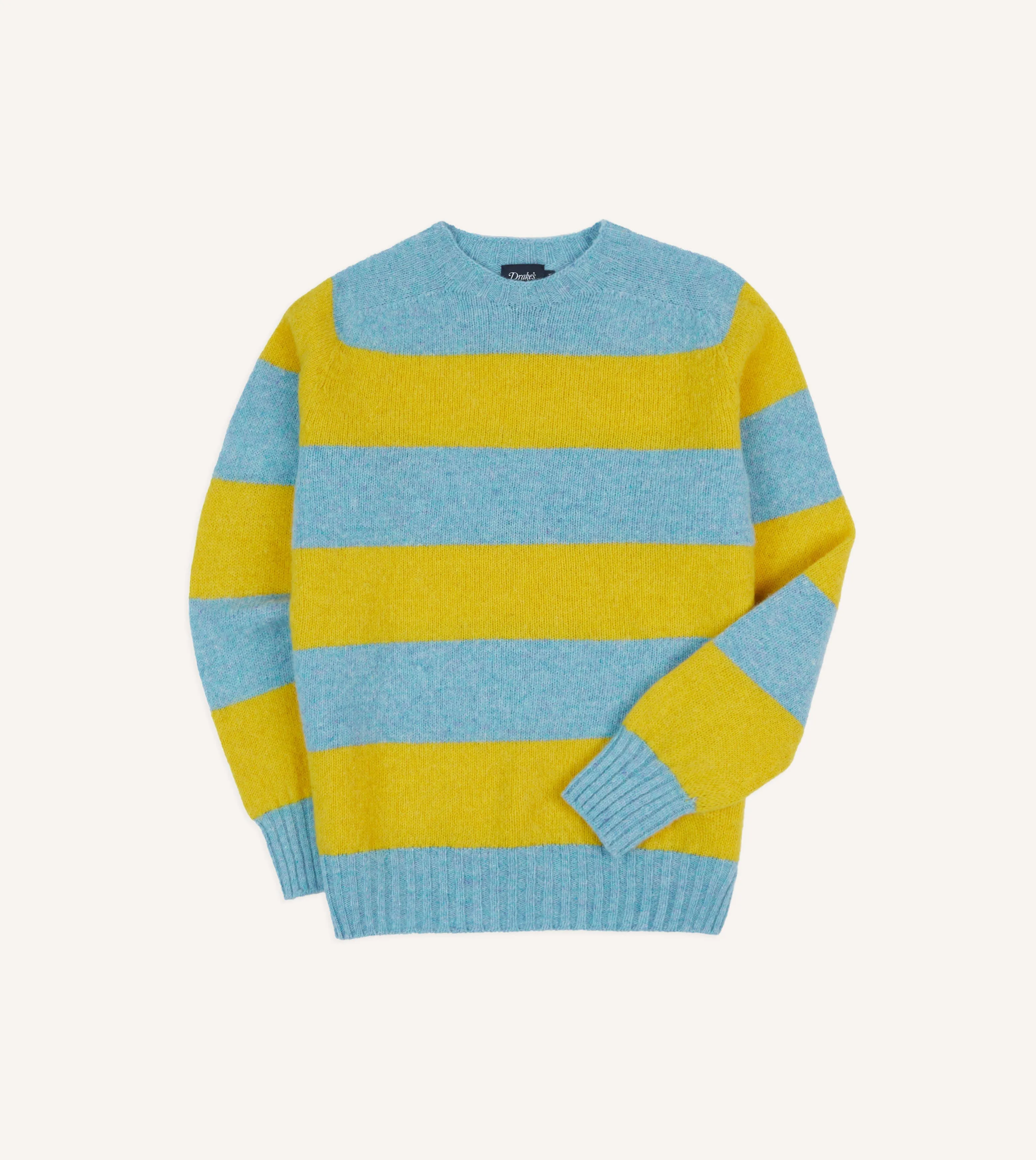 Blue and Yellow Striped Brushed Shetland Crew Neck Jumper