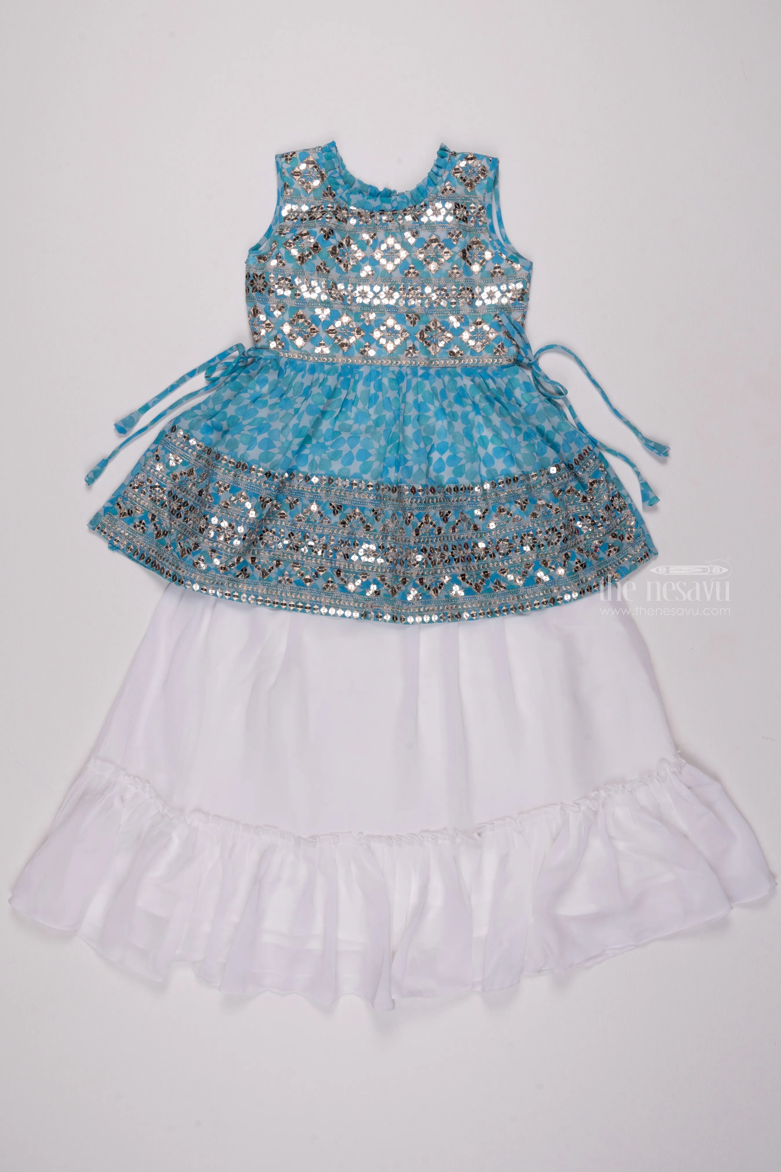 Blue Bloom: Sequin Embroidered Floral Designer Blue Kurti & Lehenga Set with Dupatta for Girls