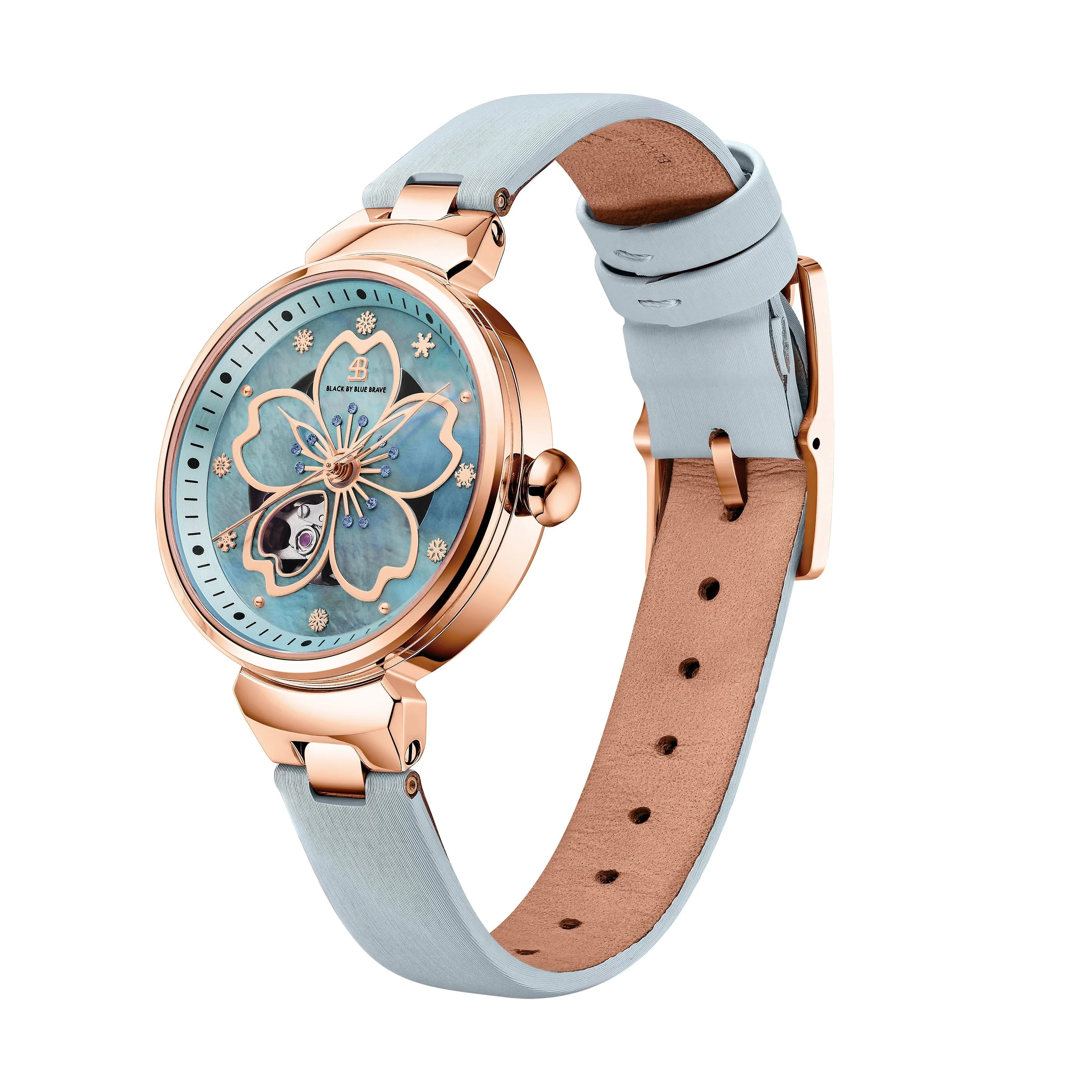 BLUE CHERRY BLOSSOM 36MM AUTOMATIC WATCH & FLOWER CERAMIC  JEWELLERIES（EARRINGS & BRACELET）