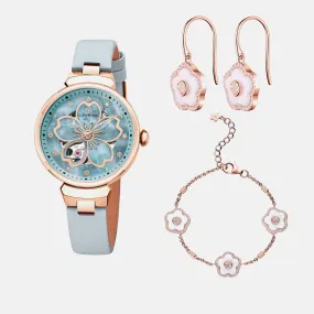 BLUE CHERRY BLOSSOM 36MM AUTOMATIC WATCH & FLOWER CERAMIC  JEWELLERIES（EARRINGS & BRACELET）