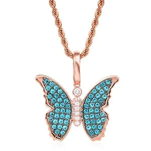 Blue Crystal Butterfly Pendant Necklace Bling Hip Hop Jewelry