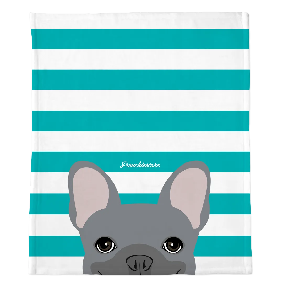 Blue French Bulldog on Teal Stripes | Frenchie Blanket