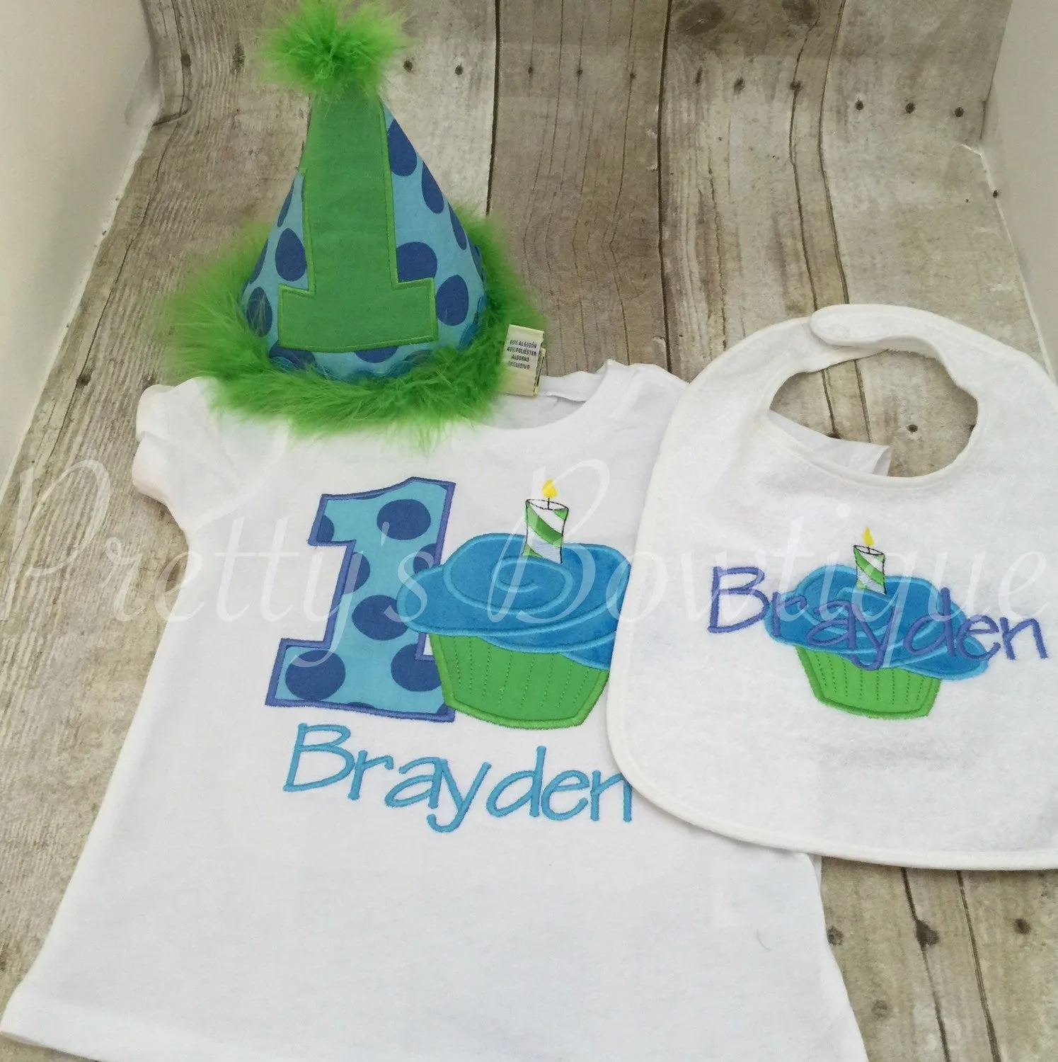 Boys 1st Birthday cupcake party hat shirt or onepiece , and bib. Can customize