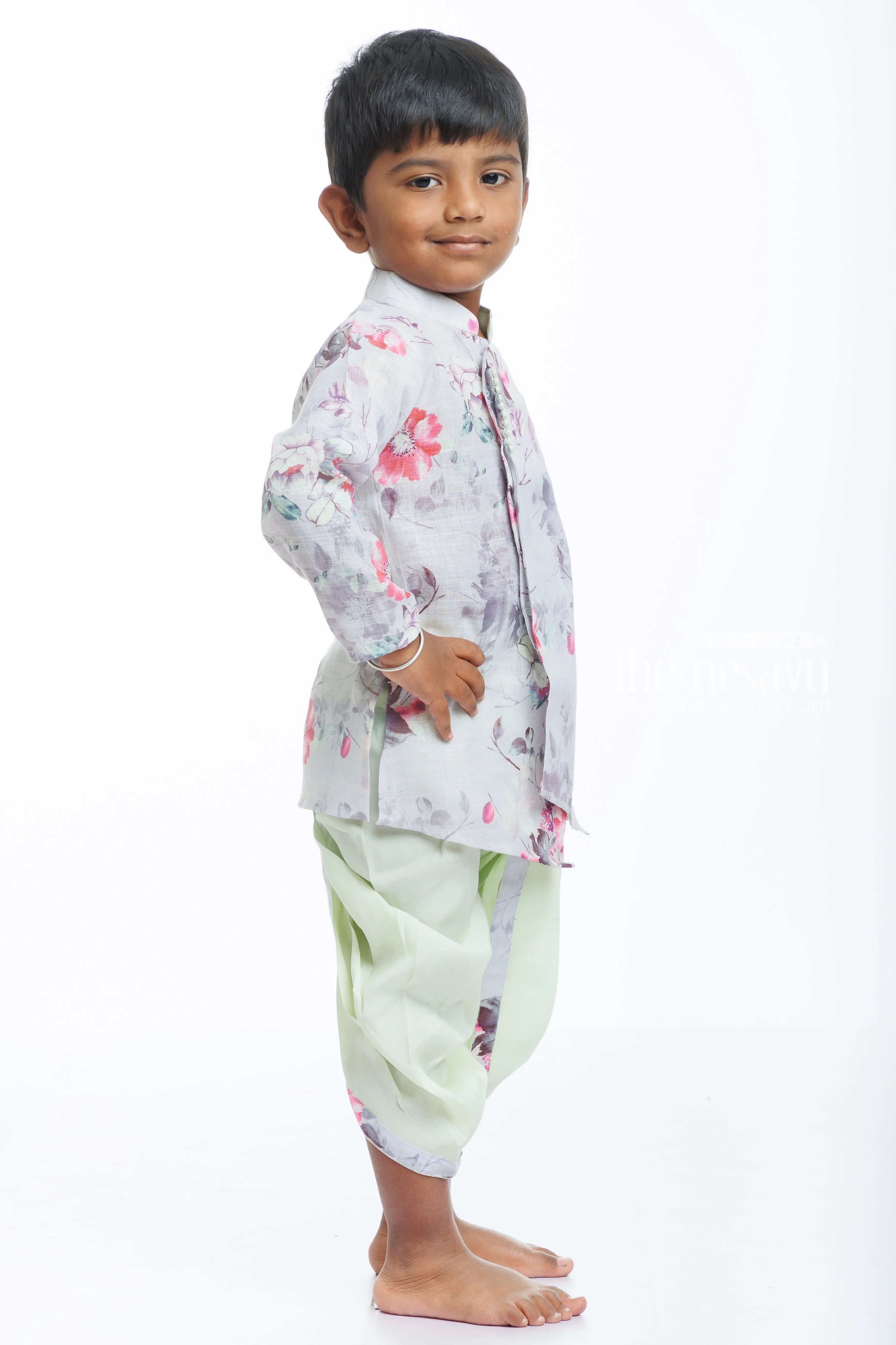 Boys Floral Jacket with Traditional Silk Dhoti Kurta Set