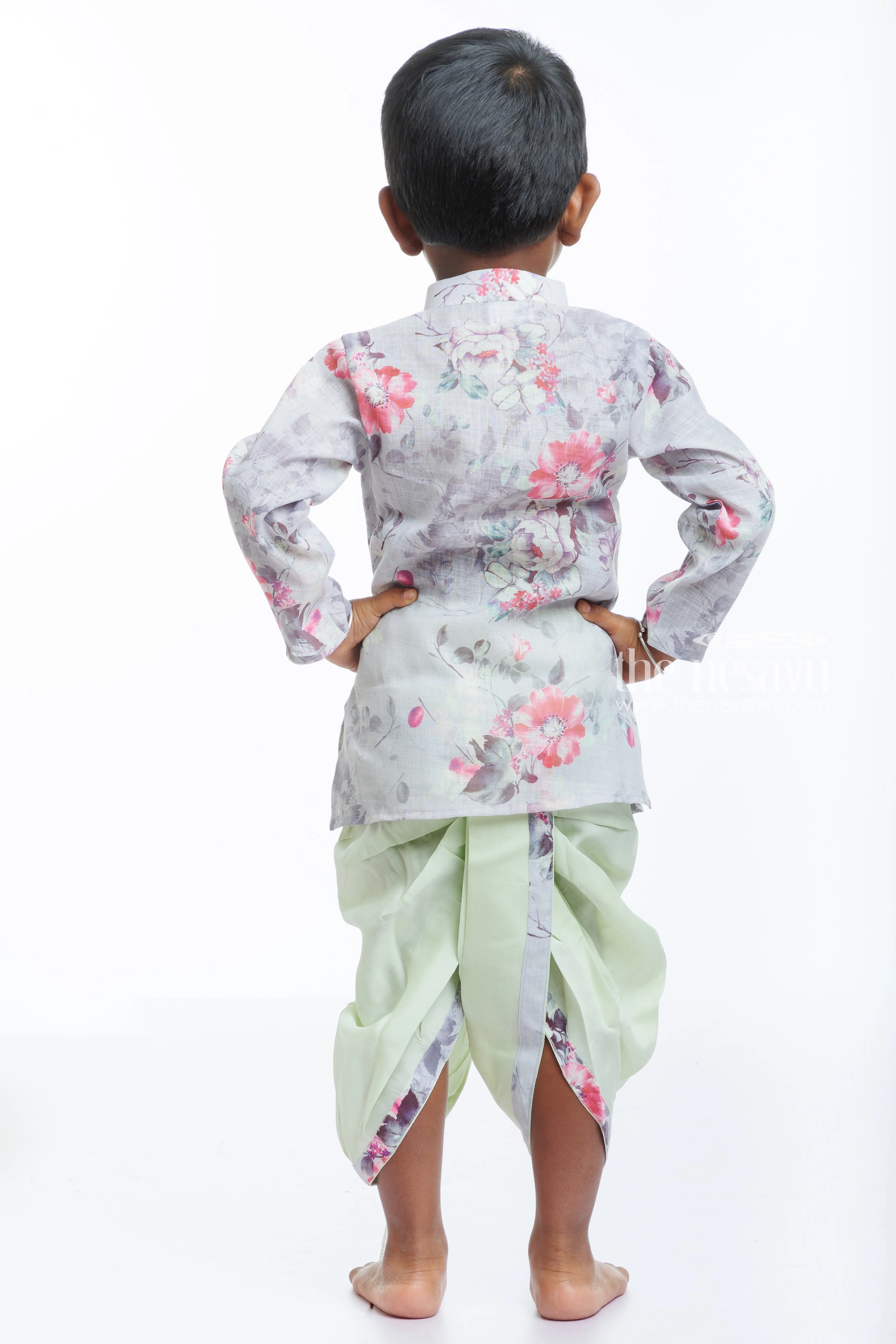 Boys Floral Jacket with Traditional Silk Dhoti Kurta Set